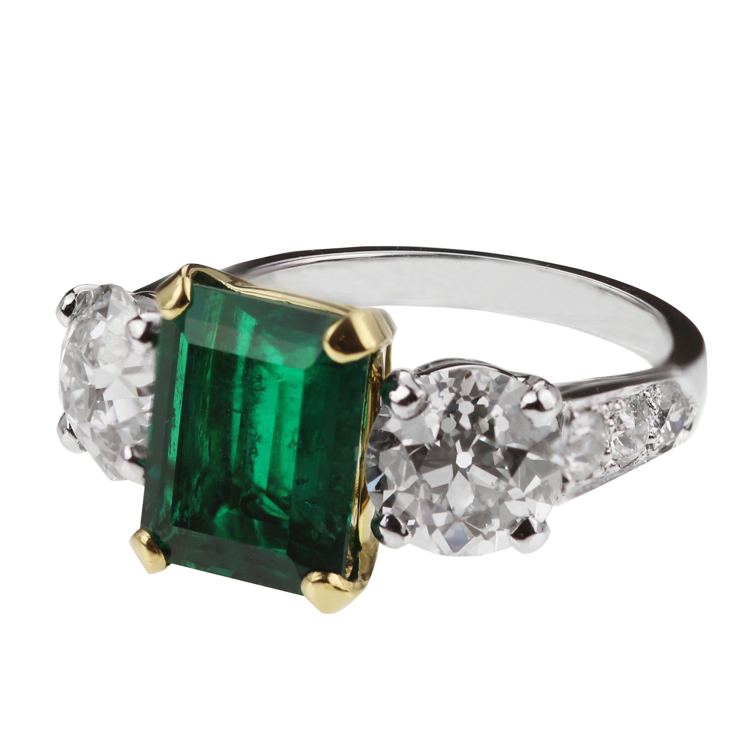 Certified Colombian Emerald and Old European Cut Diamond Three-Stone Ring