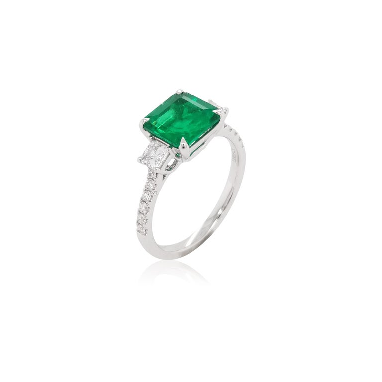 Emerald Cut Certified Colombian Emerald White Diamond 18K Three-Stone Engagement Ring For Sale