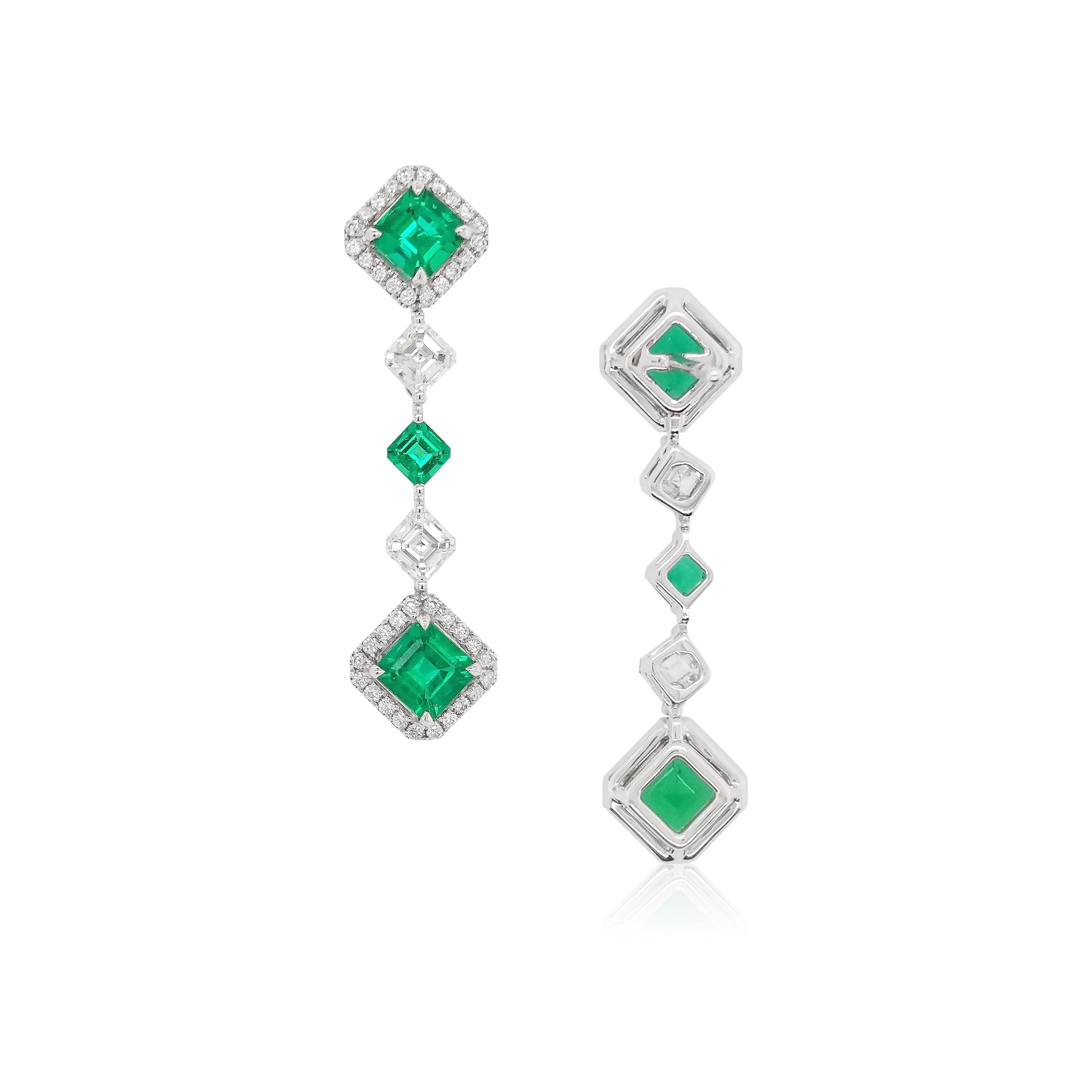 The timeless combination of Emerald and Diamond has been re-imagined in these glamorous earrings. Framed by scintillating White Diamonds, the Emeralds in this piece emits a rich hue that is sure to turn heads when combined with even the simplest of