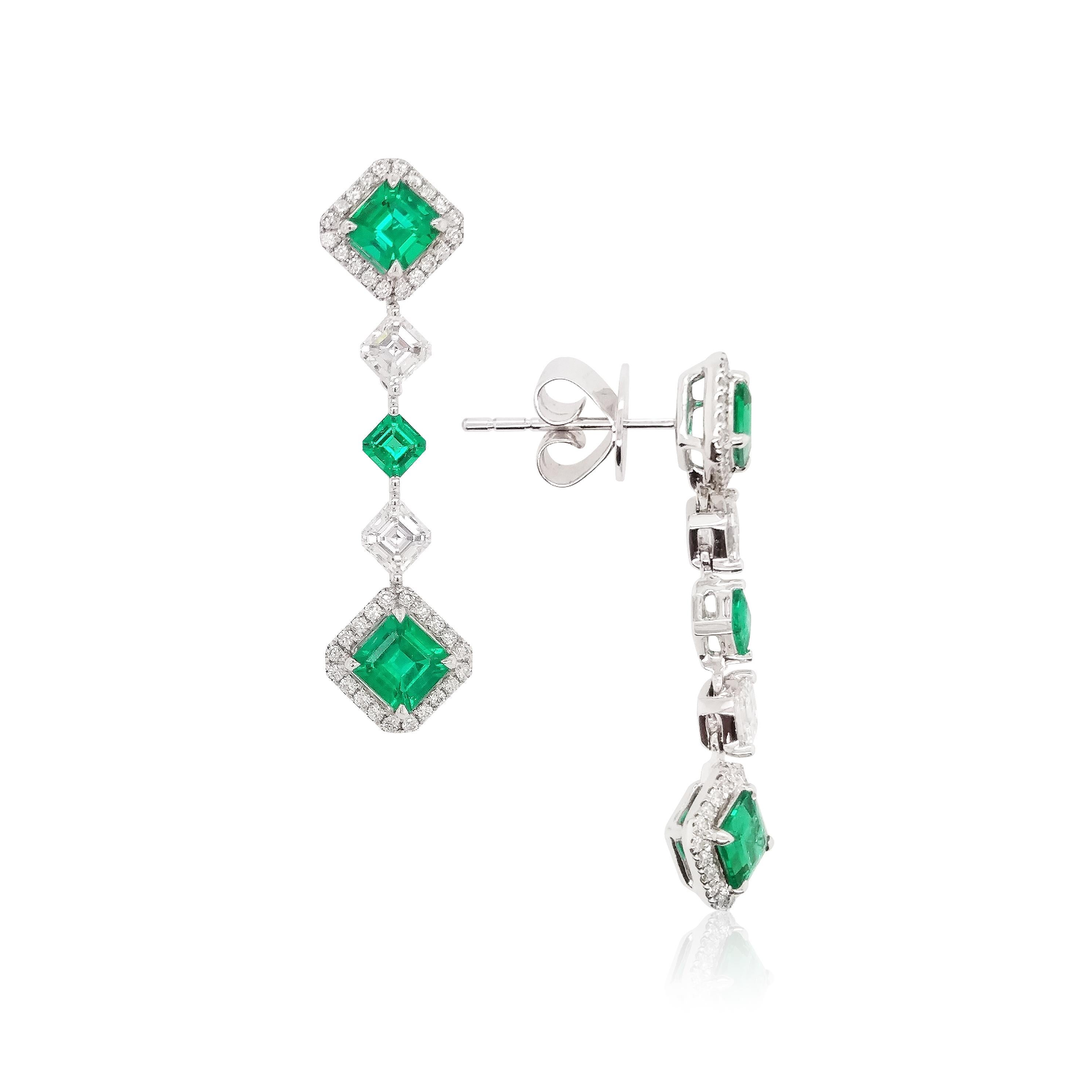 Contemporary Certified Colombian Emerald and White Diamond 18K White Gold Drop Earrings
