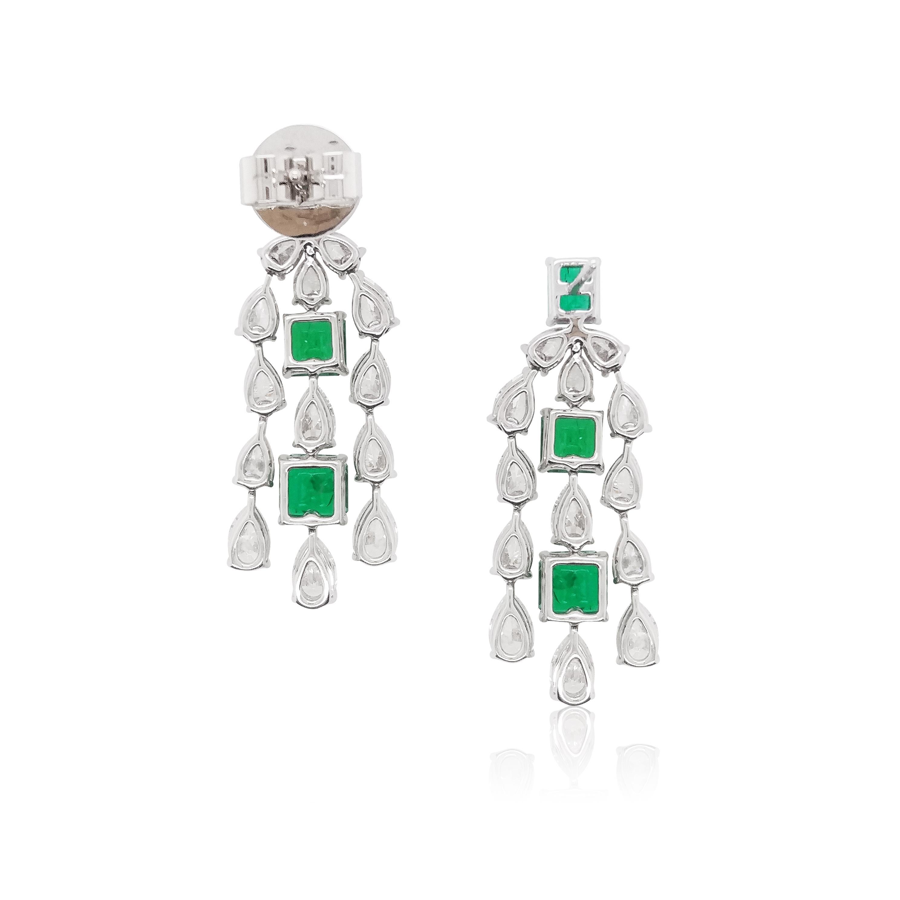 Emerald Cut Certified Colombian Emerald White Diamond 18K White Gold Dangle Earrings