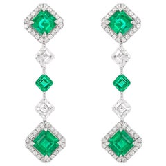 Certified Colombian Emerald and White Diamond 18K White Gold Drop Earrings