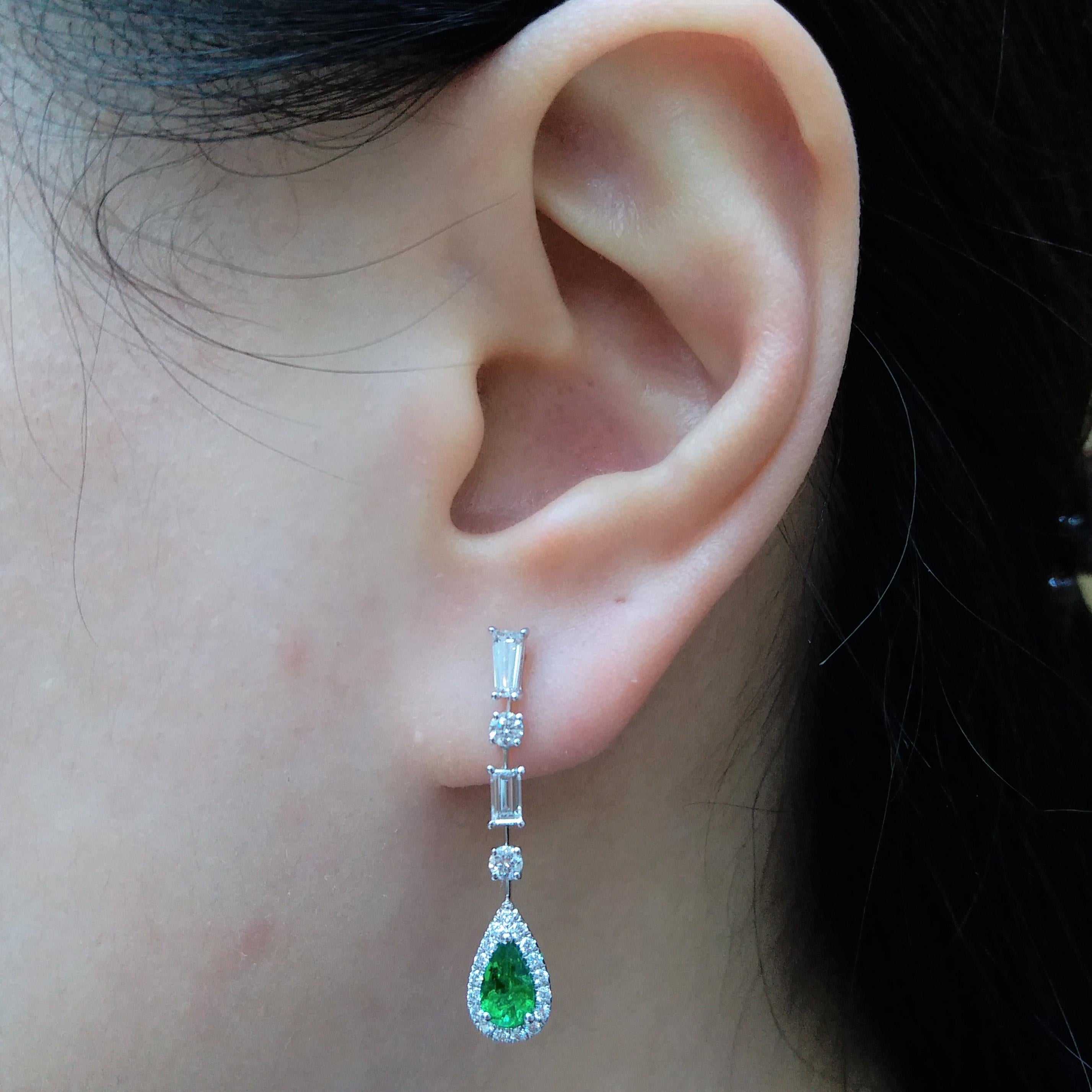Pear Cut Certified Colombian Emerald White Diamond 18K Gold Dangle Earrings