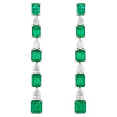 Certified Colombian Emerald and White Diamond in 18K White Gold Dangle Earrings