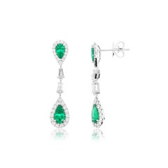 Certified Colombian Emerald White Diamond 18K White Gold Drop Earrings