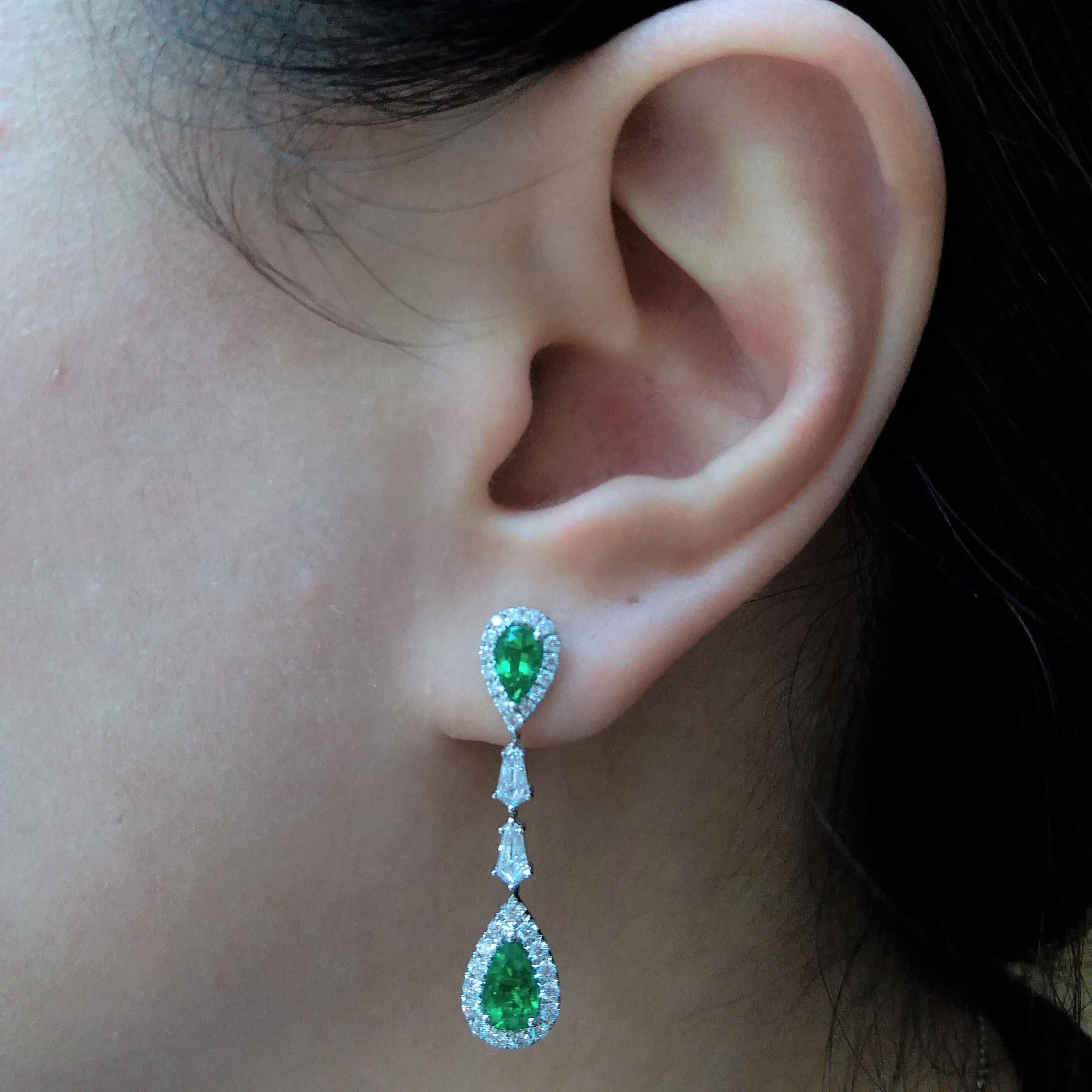 Pear Cut Certified Colombian Emerald White Diamond 18K White Gold Drop Earrings