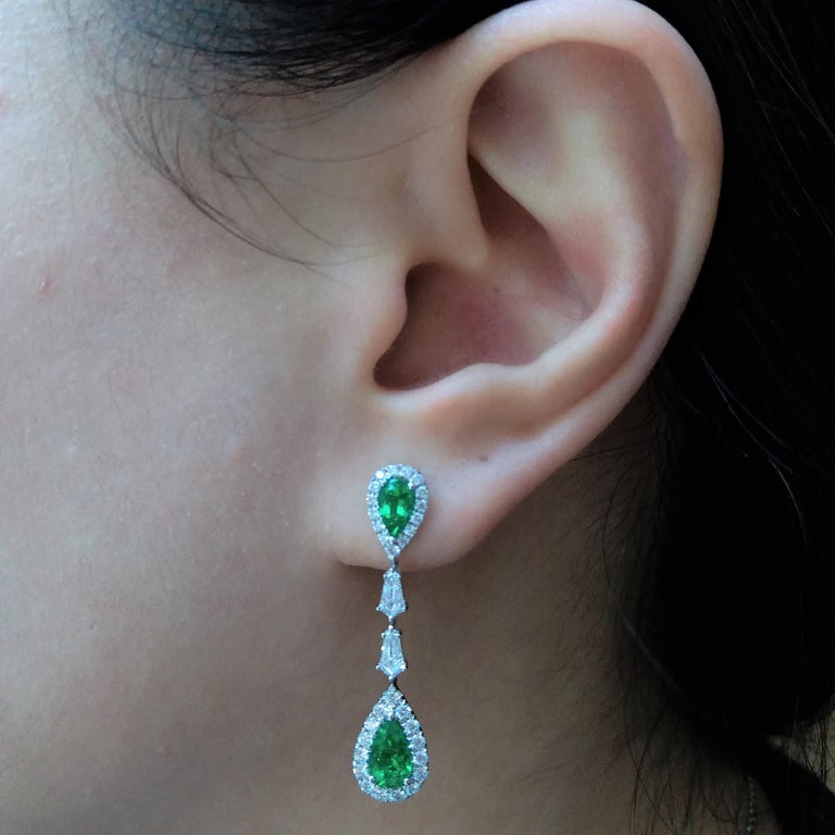 Pear Cut Certified Colombian Emerald White Diamond 18K White Gold Drop Earrings For Sale