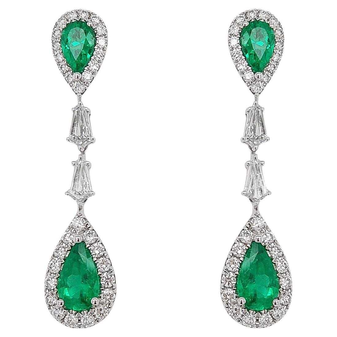 Certified Colombian Emerald White Diamond 18K White Gold Drop Earrings