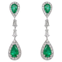 Certified Colombian Emerald White Diamond 18K White Gold Drop Earrings