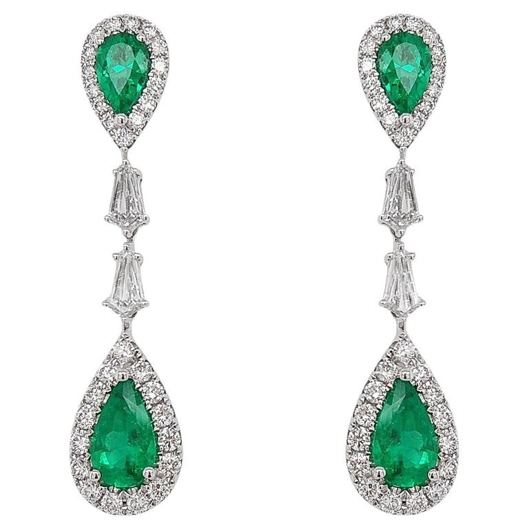 Certified Colombian Emerald White Diamond 18K White Gold Drop Earrings For Sale