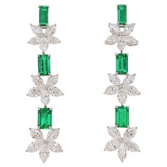 Certified Colombian Emerald and White Diamond in 18K White Gold Dangle Earrings