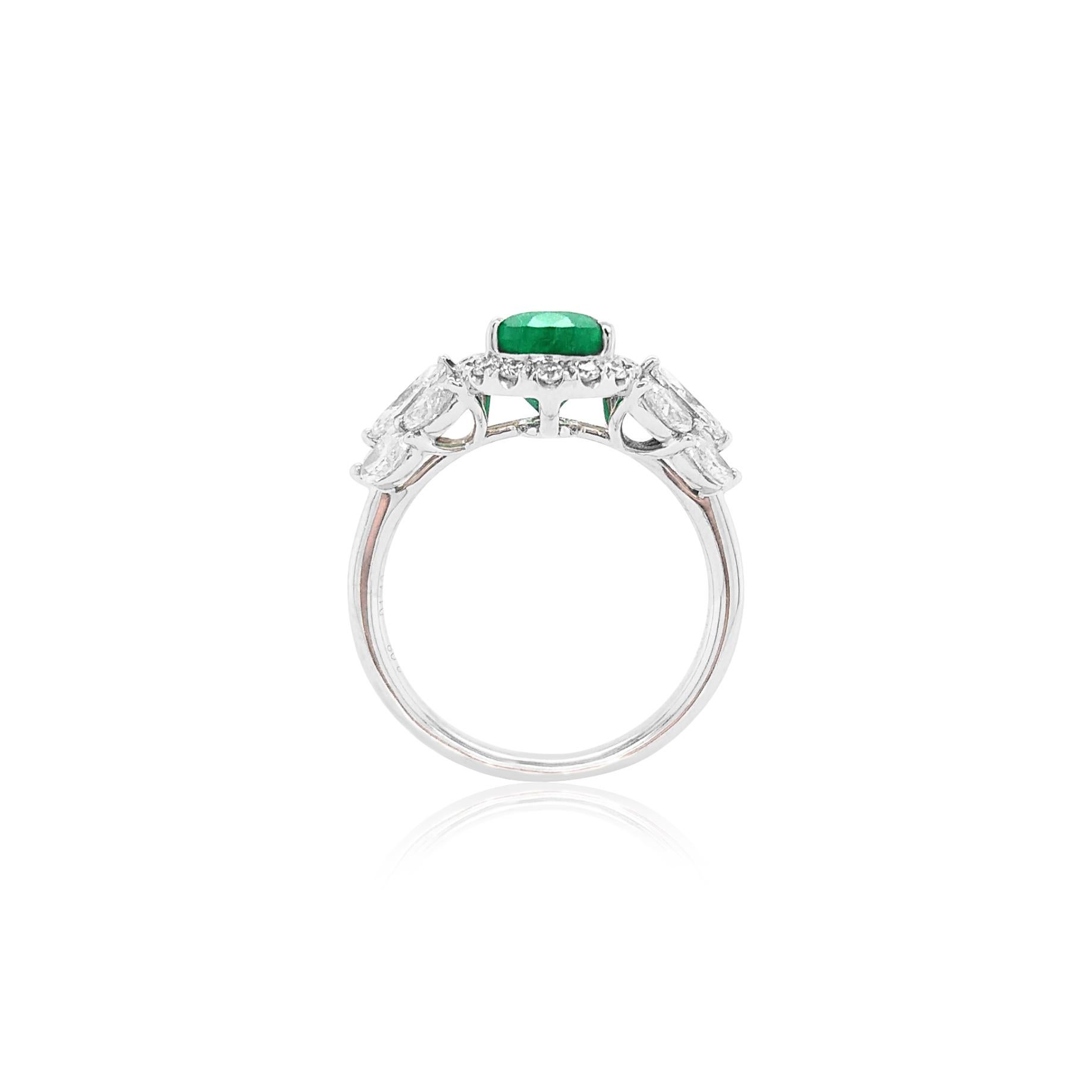 Contemporary Certified Colombian Emerald White Diamond Platinum Cocktail Ring For Sale