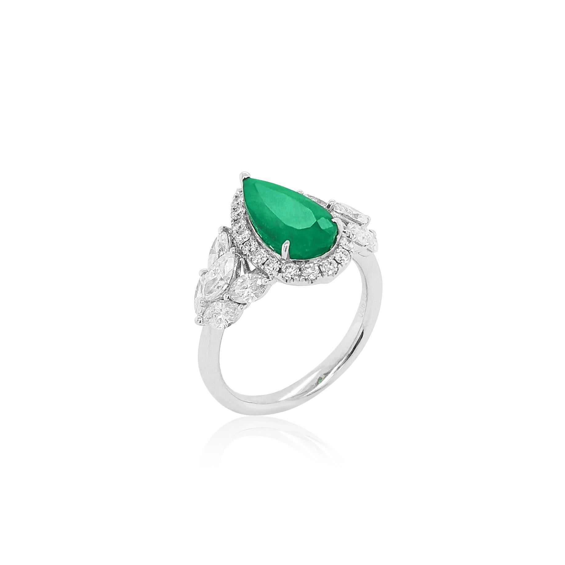 Pear Cut Certified Colombian Emerald White Diamond Platinum Cocktail Ring For Sale