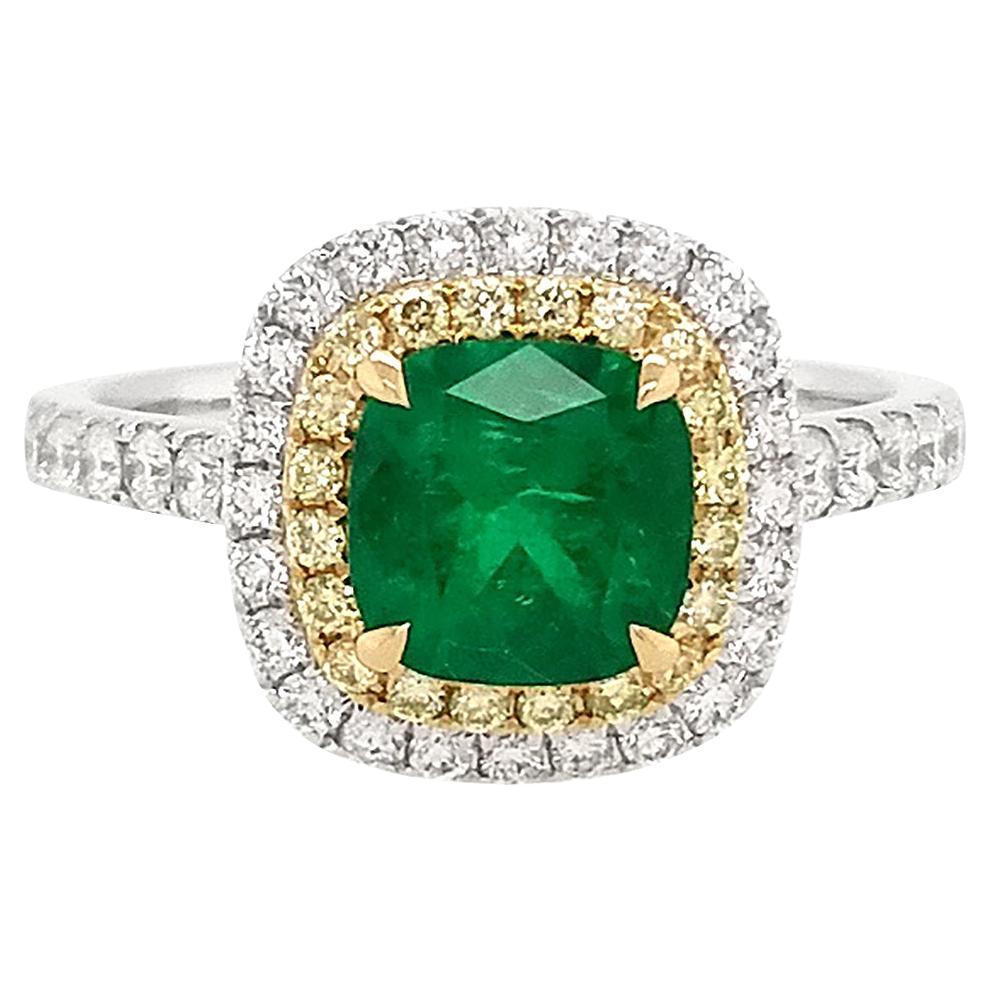 Women's Certified Colombian Emerald Yellow Diamond White Diamond 18K Engagement Ring For Sale