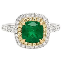 Certified Colombian Emerald and Yellow and White Diamond 18K Engagement Ring