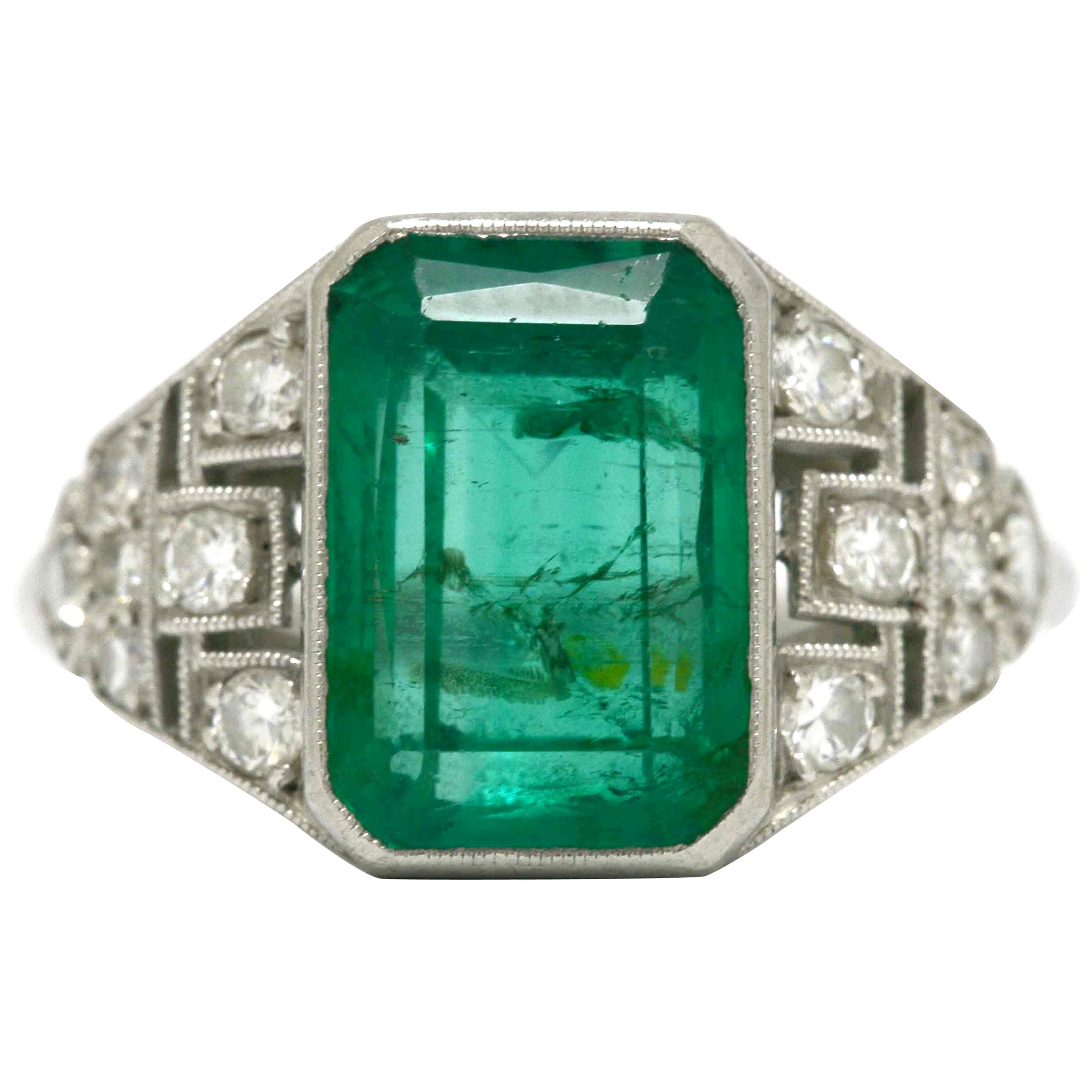 Certified Colombian Emerald Art Deco Engagement Ring Diamond Platinum 3 Carat