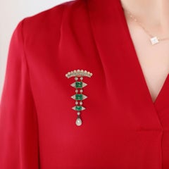 Certified Colombian Emerald Articulating Drop Brooch with Natural Pearls