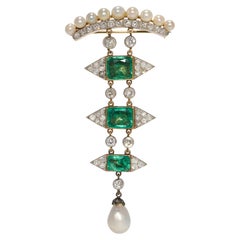 Certified Colombian Emerald Articulating Drop Brooch with Natural Pearls