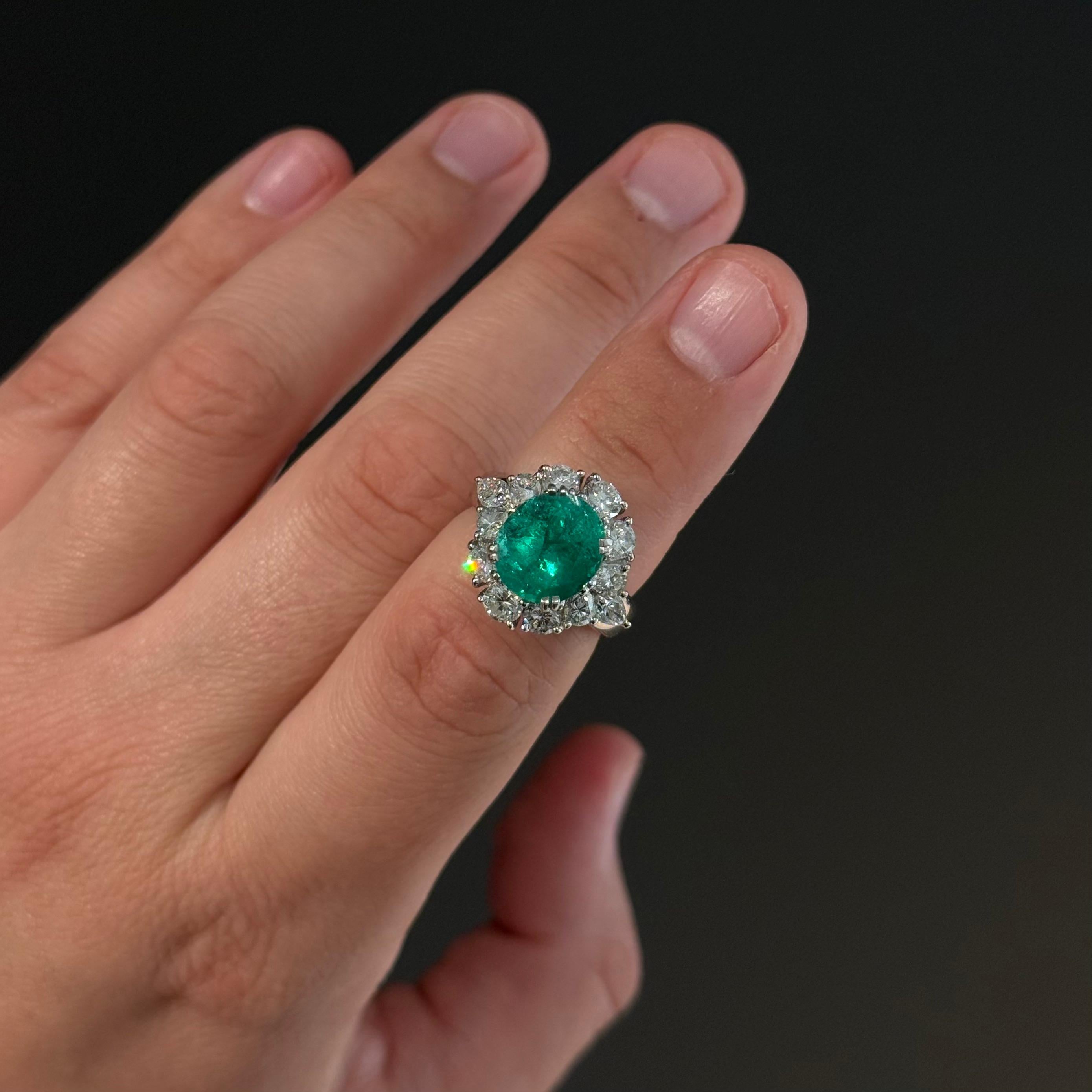Contemporary Certified Colombian Emerald Diamond Engagement Ring Platinum French 21st Century For Sale