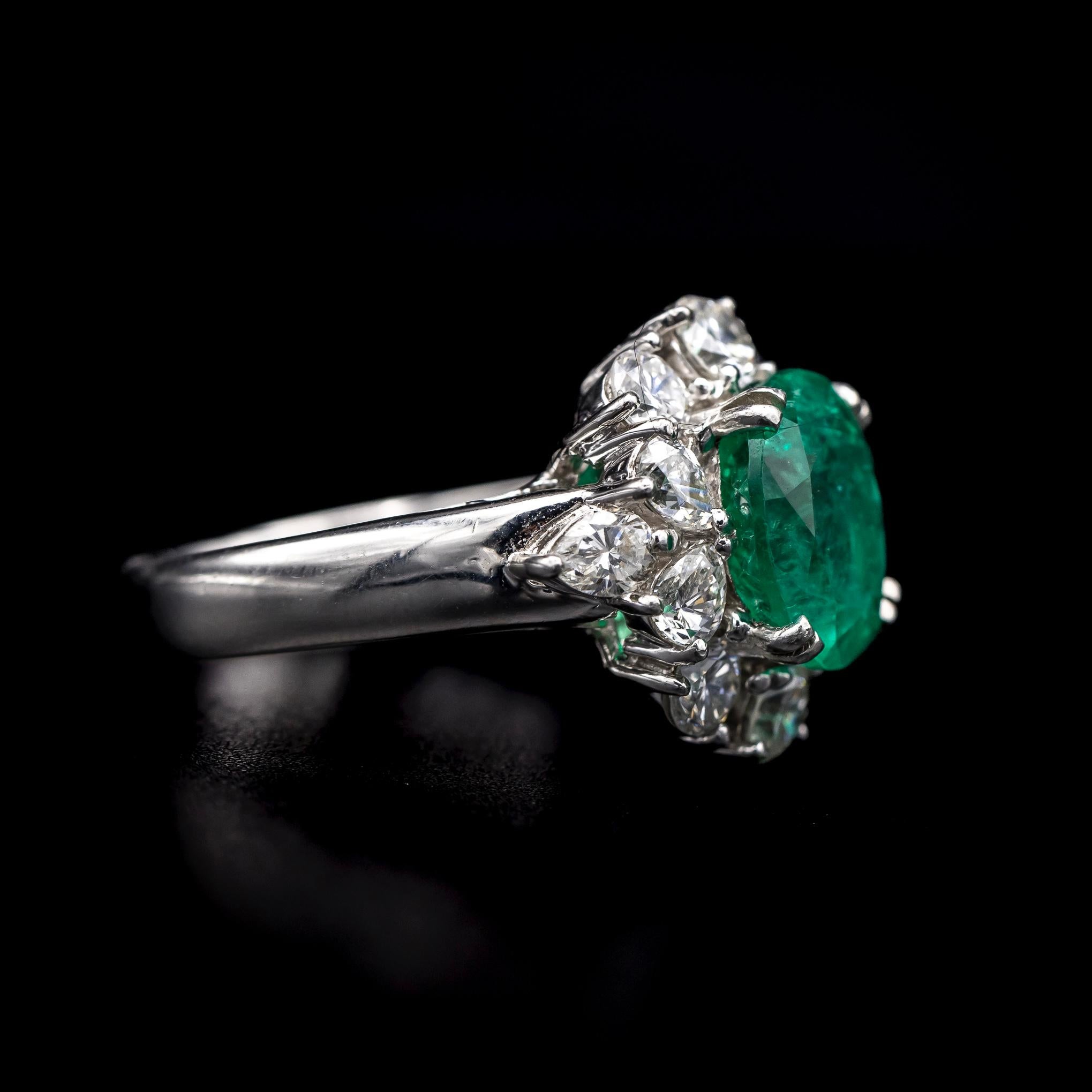 Oval Cut Certified Colombian Emerald Diamond Engagement Ring Platinum French 21st Century For Sale