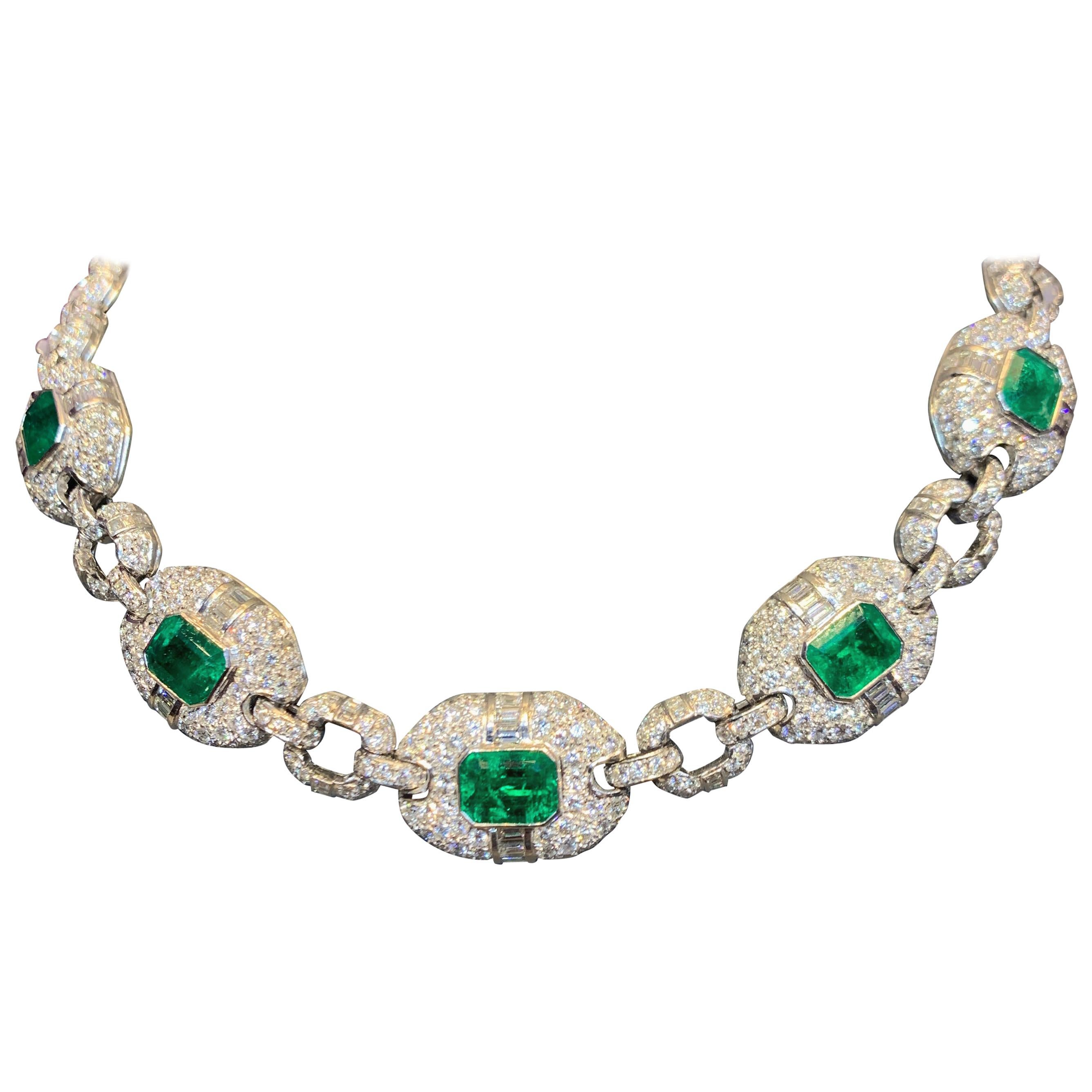 Emerald Cut Certified Colombian Emerald and Diamond Necklace
