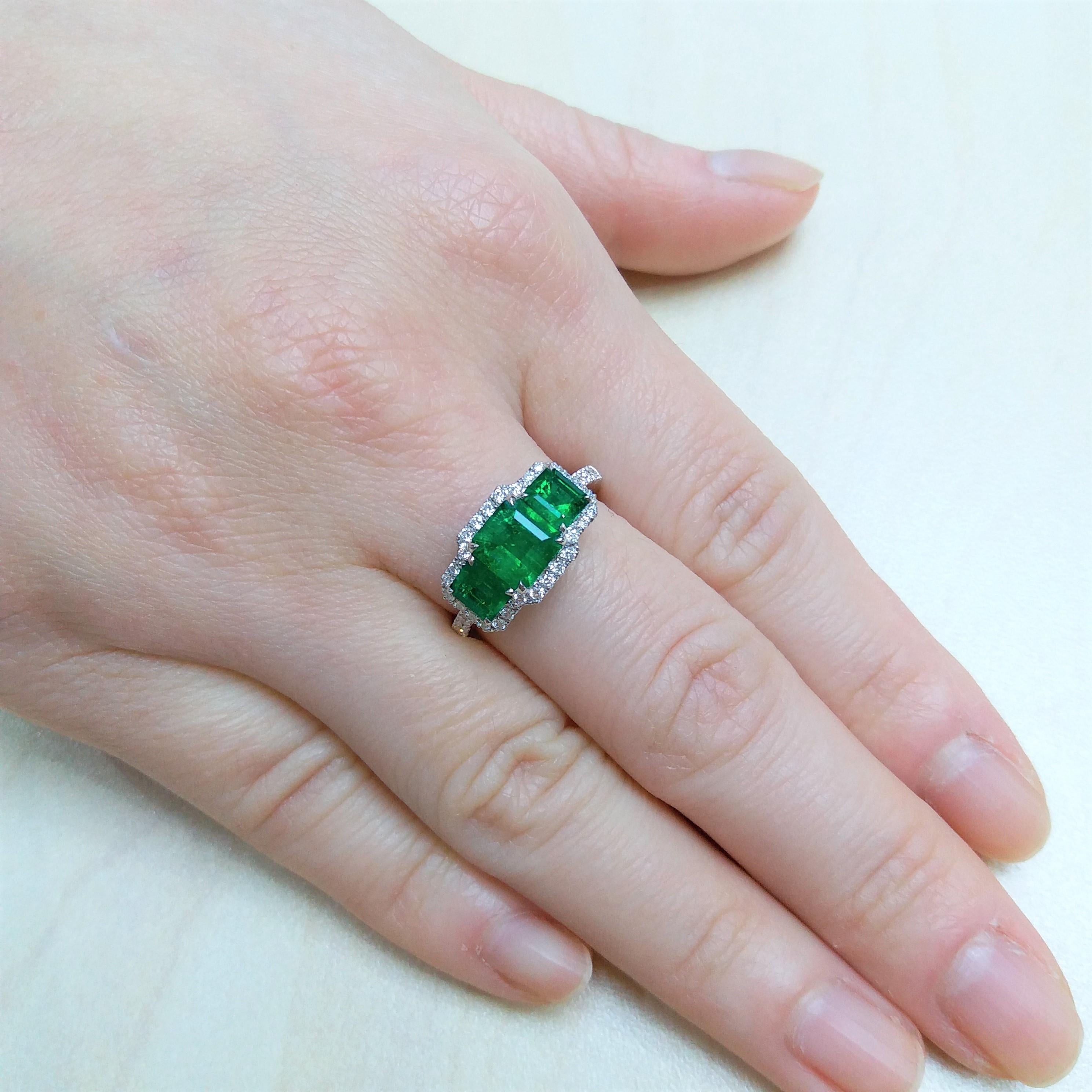 Emerald Cut Certified Colombian Emerald White Diamond 18K Gold 3-Stone Ring