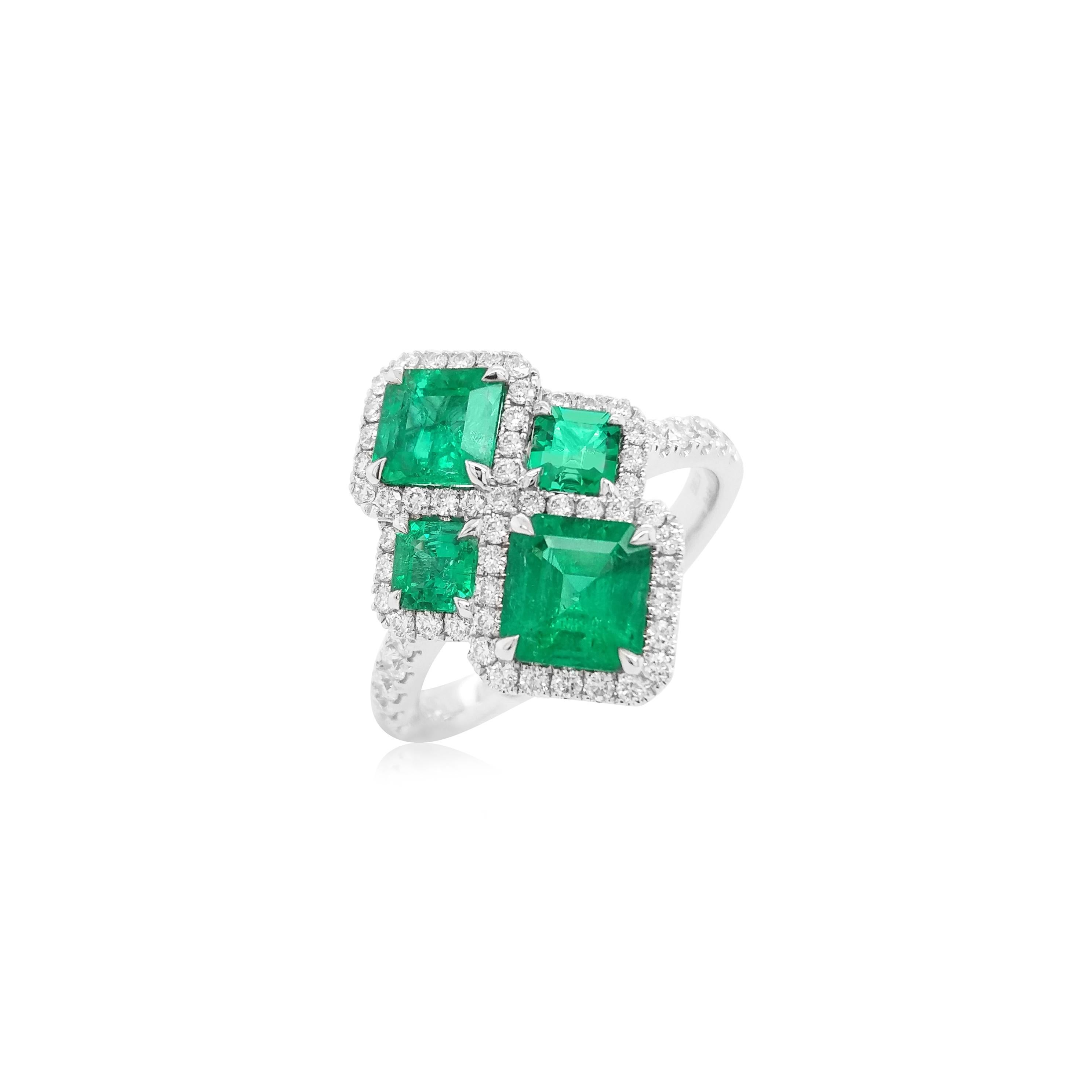 Emerald Cut Certified Colombian Emerald White Diamond 18K Gold Cocktail Ring