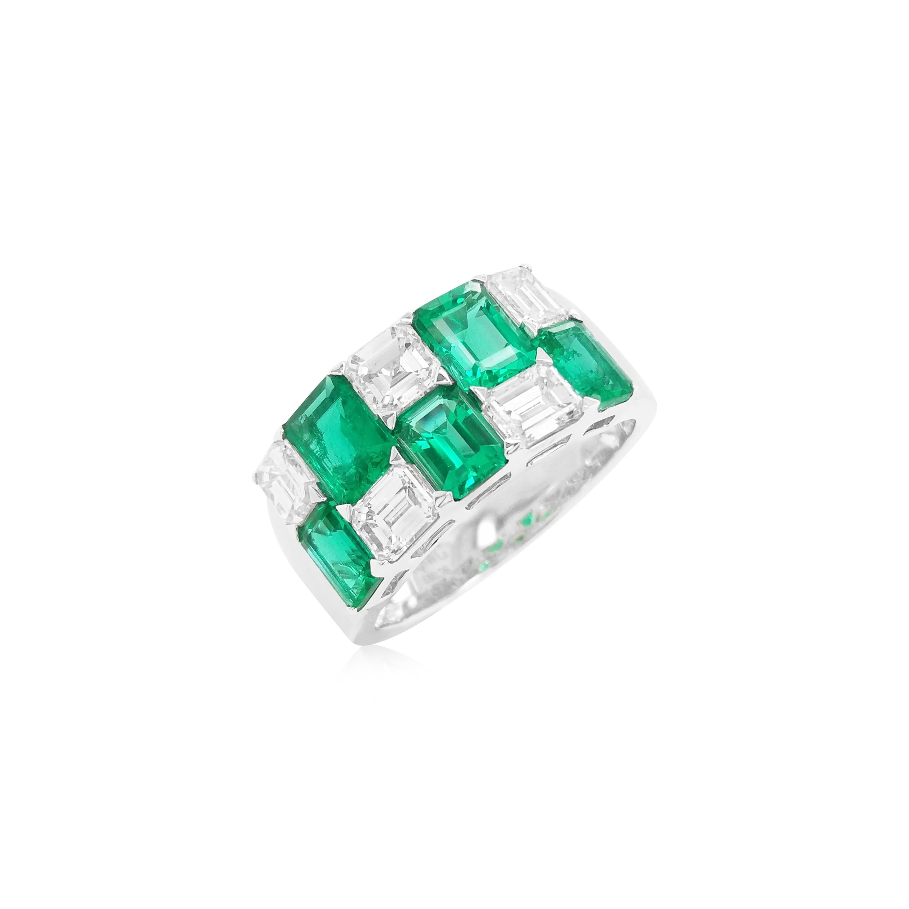 Emerald Cut Certified Colombian Emerald White Diamond 18K Gold Cocktail Ring For Sale