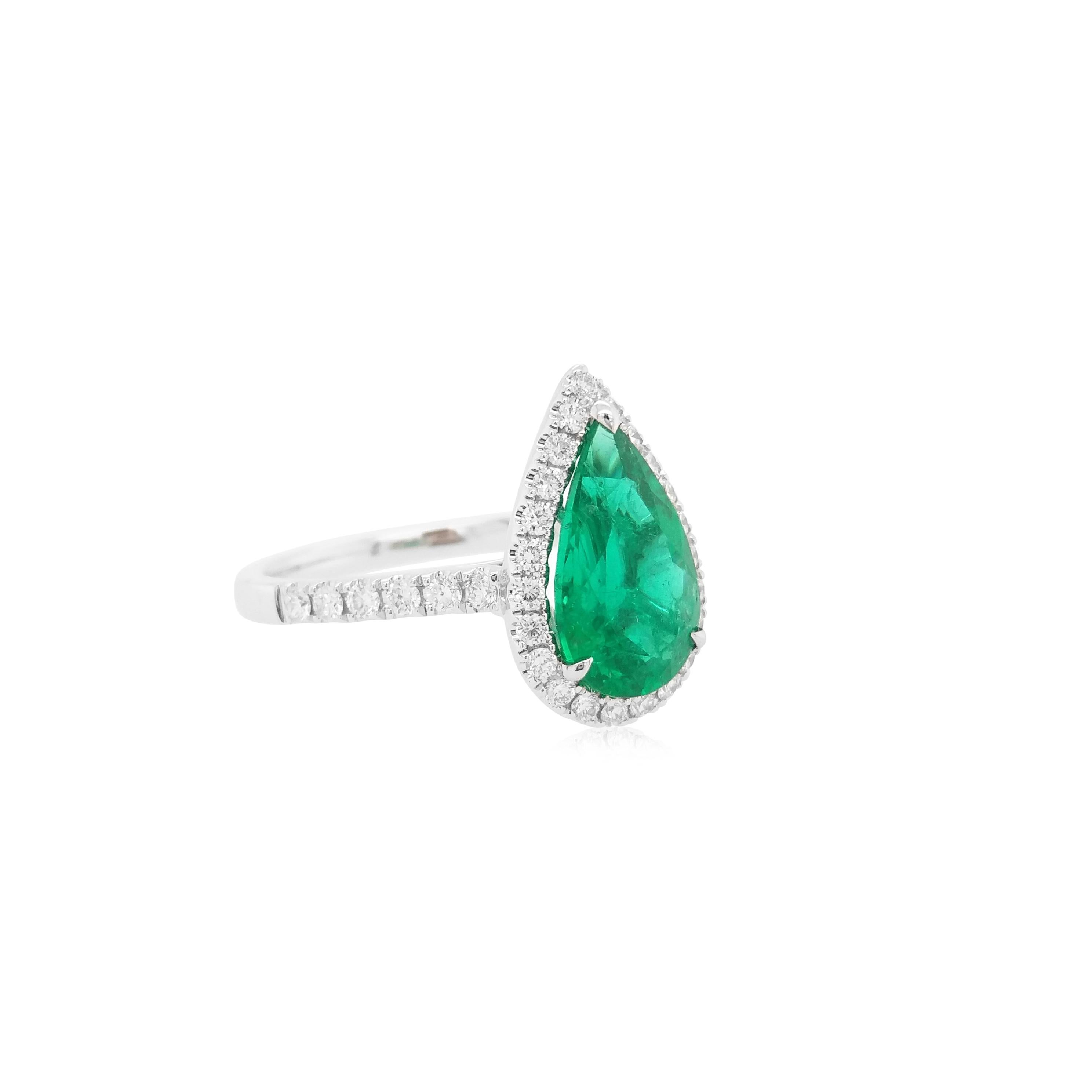 Pear Cut Certified Colombian Emerald White Diamond 18K Gold Engagement Ring