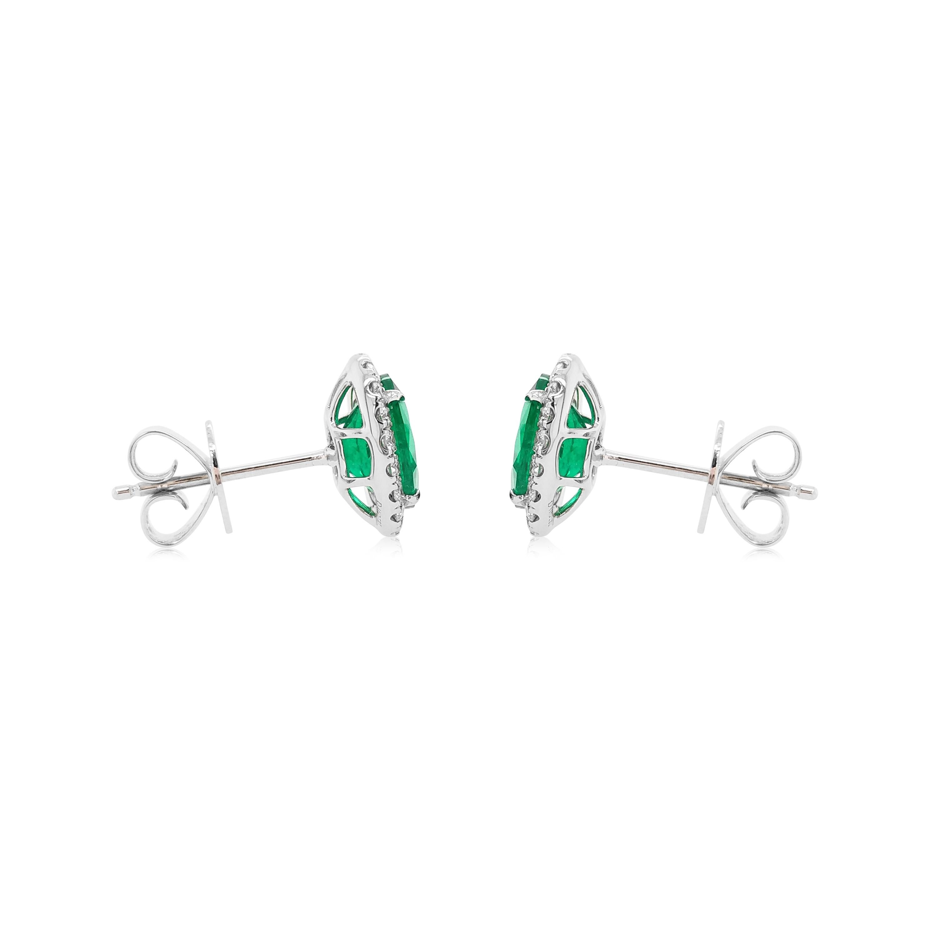 Oval Cut Certified Colombian Emerald White Diamond 18K Gold Stud Earrings For Sale