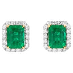 Certified Colombian Emerald White Diamond 18K Gold Stud Earrings