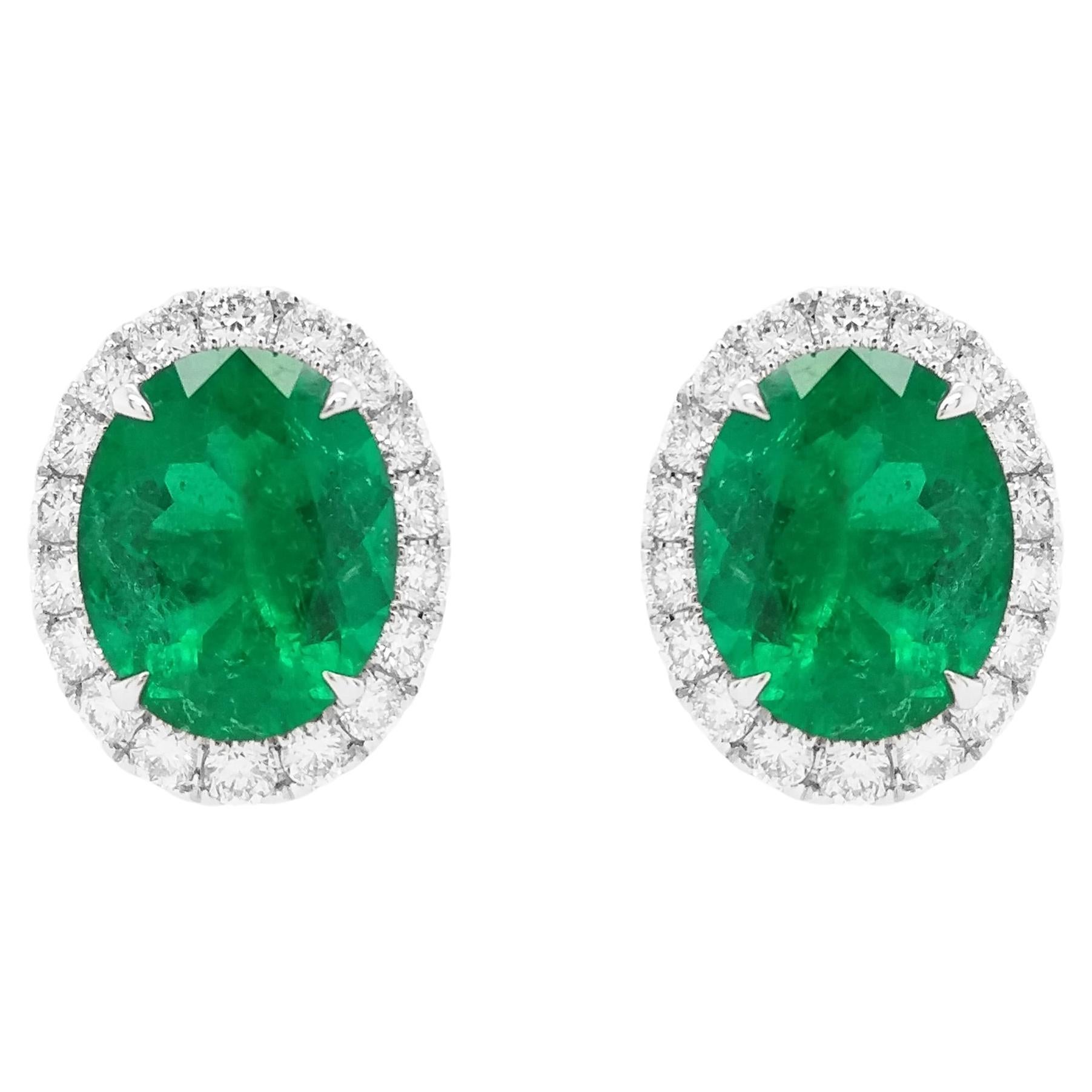Certified Colombian Emerald White Diamond 18K Gold Stud Earrings