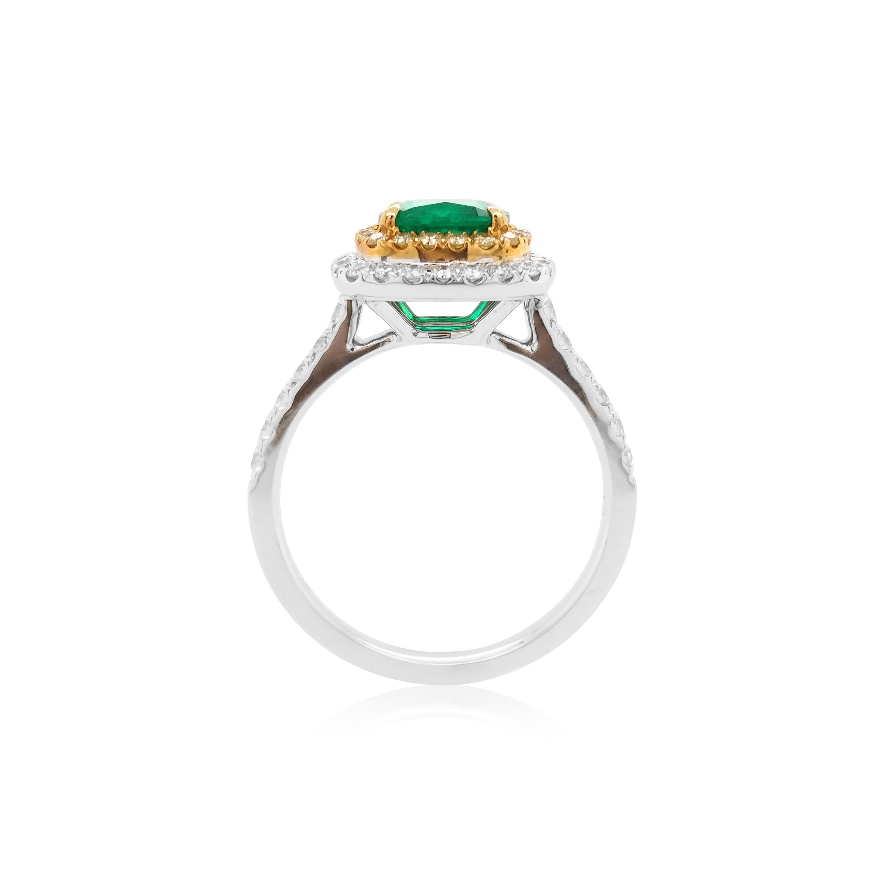 Contemporary Certified Colombian Emerald Yellow Diamond White Diamond 18K Engagement Ring For Sale