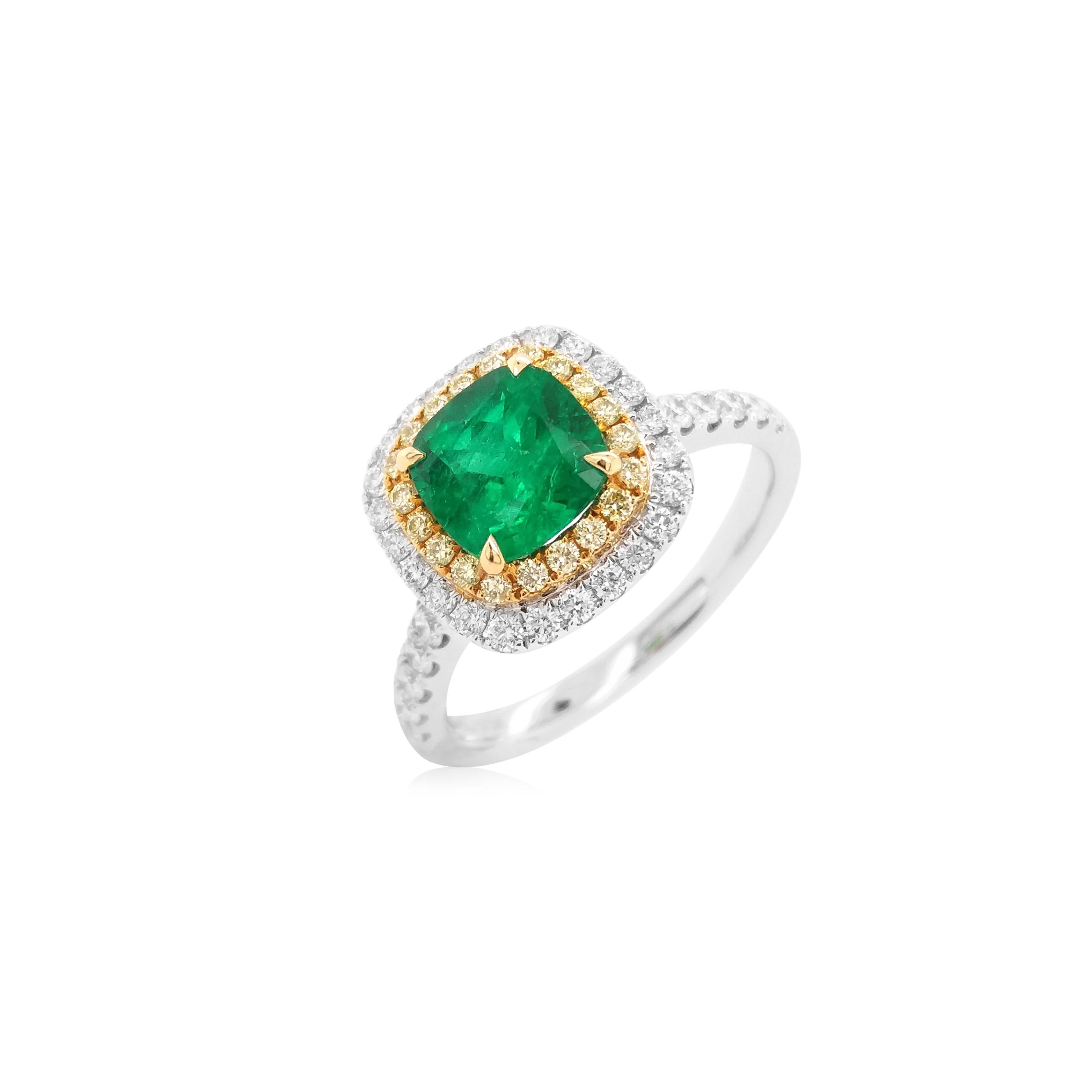 Cushion Cut Certified Colombian Emerald Yellow Diamond White Diamond 18K Engagement Ring For Sale