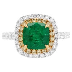 Bague de fiançailles 18 carats avec émeraude de Colombie certifiée et diamants jaunes et blancs