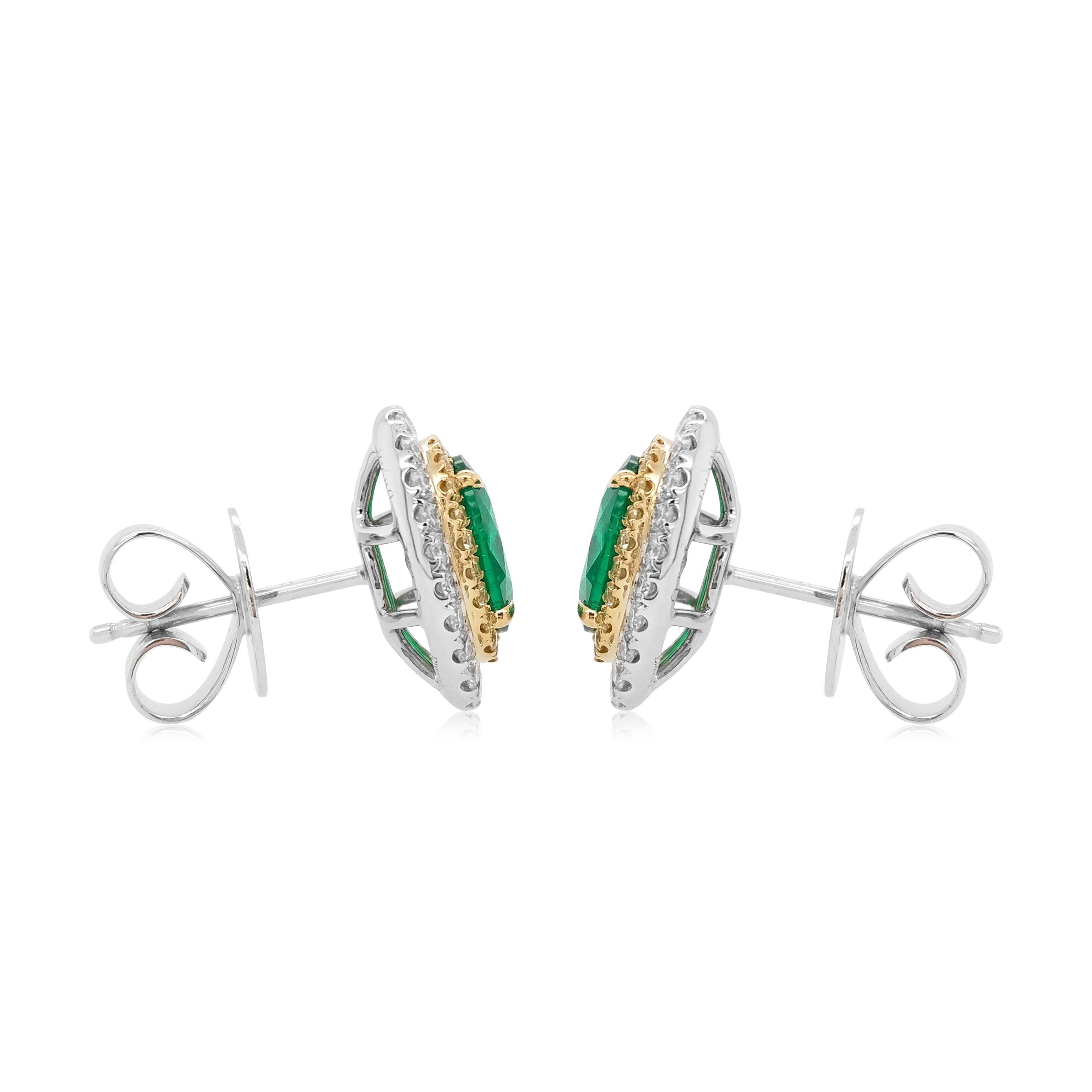 Art déco Boucle d'oreille en or 18K avec émeraude colombienne certifiée, diamant jaune et diamant blanc en vente