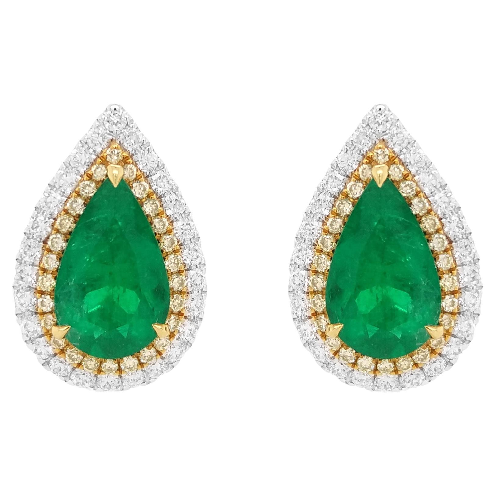 Certified Colombian Emerald Yellow Diamond White Diamond 18K Gold Stud Earrings