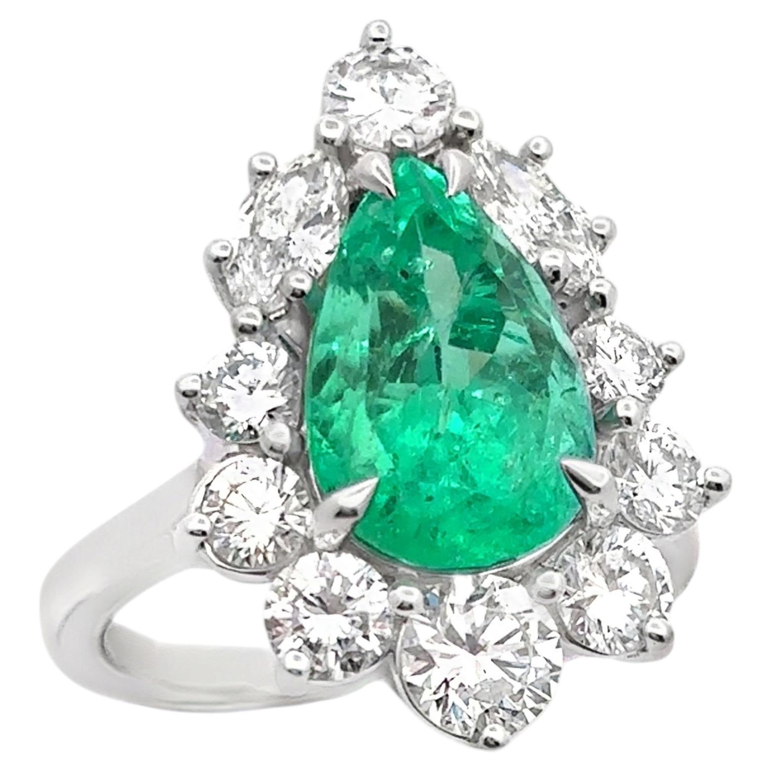 Certified Colombian Pear Shape Emerald and Diamond Ring