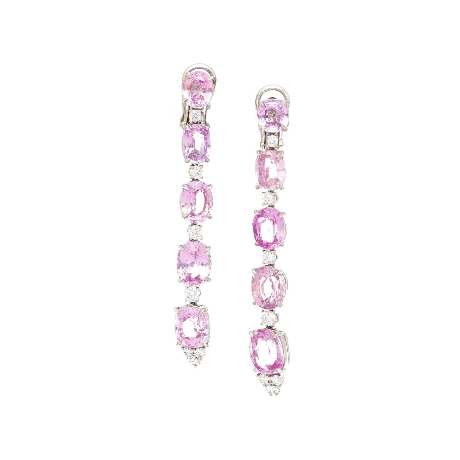 Modern Certified Color Changing Padparadscha Pink Sapphire Dangle Platinum Earrings For Sale
