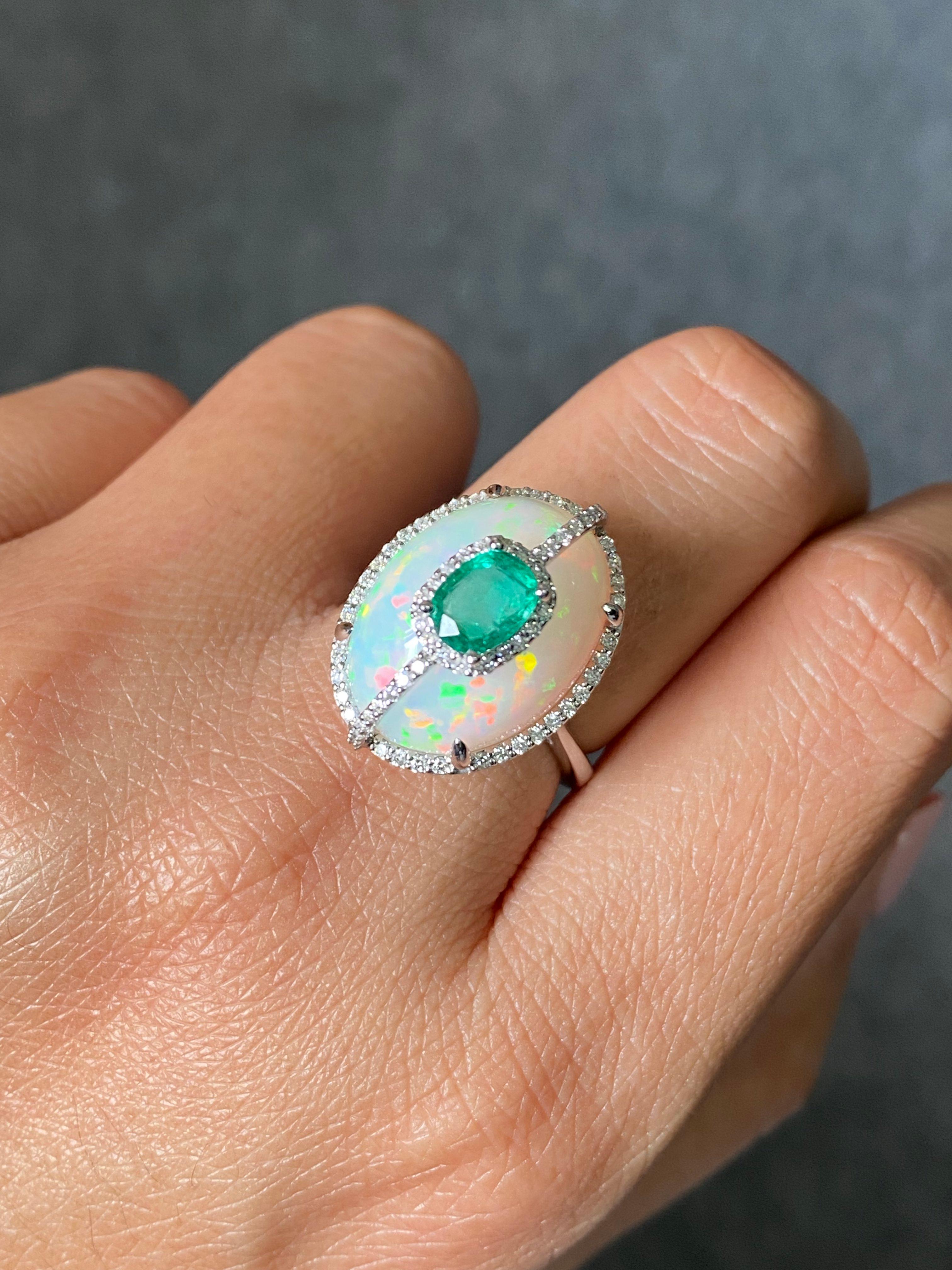 Certified Color Play Effect Oval Opal 18KT White Gold, Diamond And Emerald Ring For Sale 4