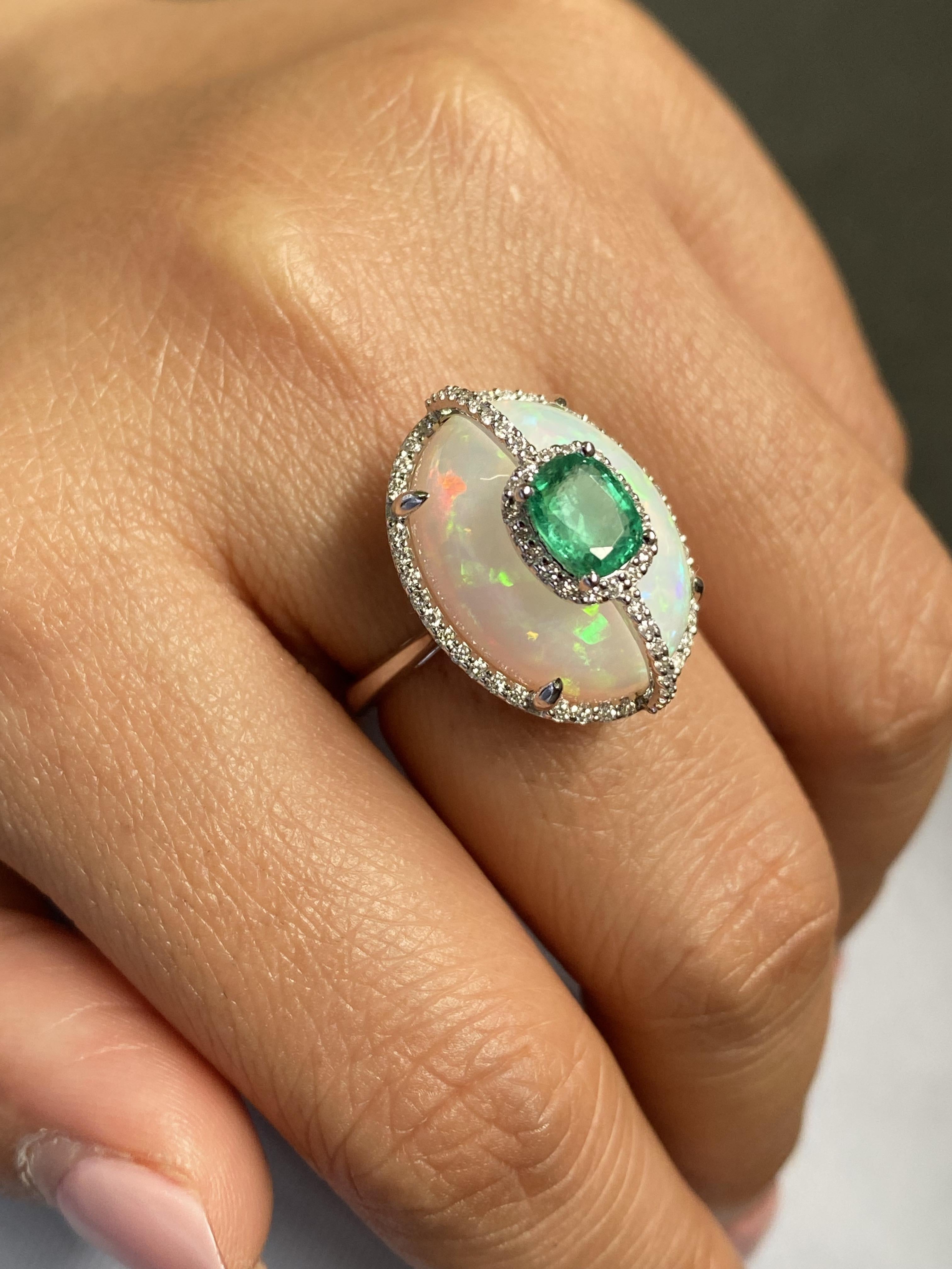 Certified Color Play Effect Oval Opal 18KT White Gold, Diamond And Emerald Ring For Sale 5