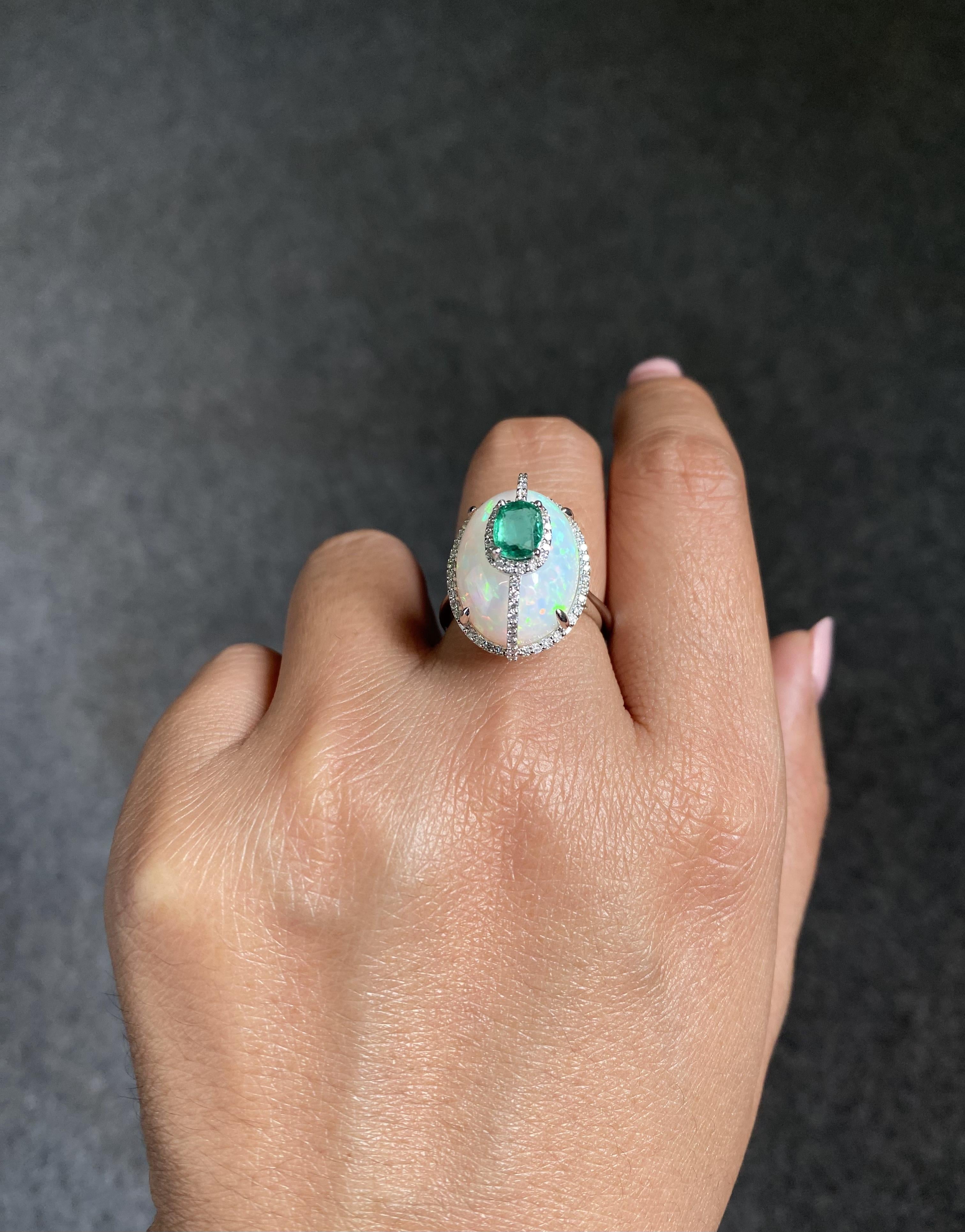 Certified Color Play Effect Oval Opal 18KT White Gold, Diamond And Emerald Ring For Sale 6