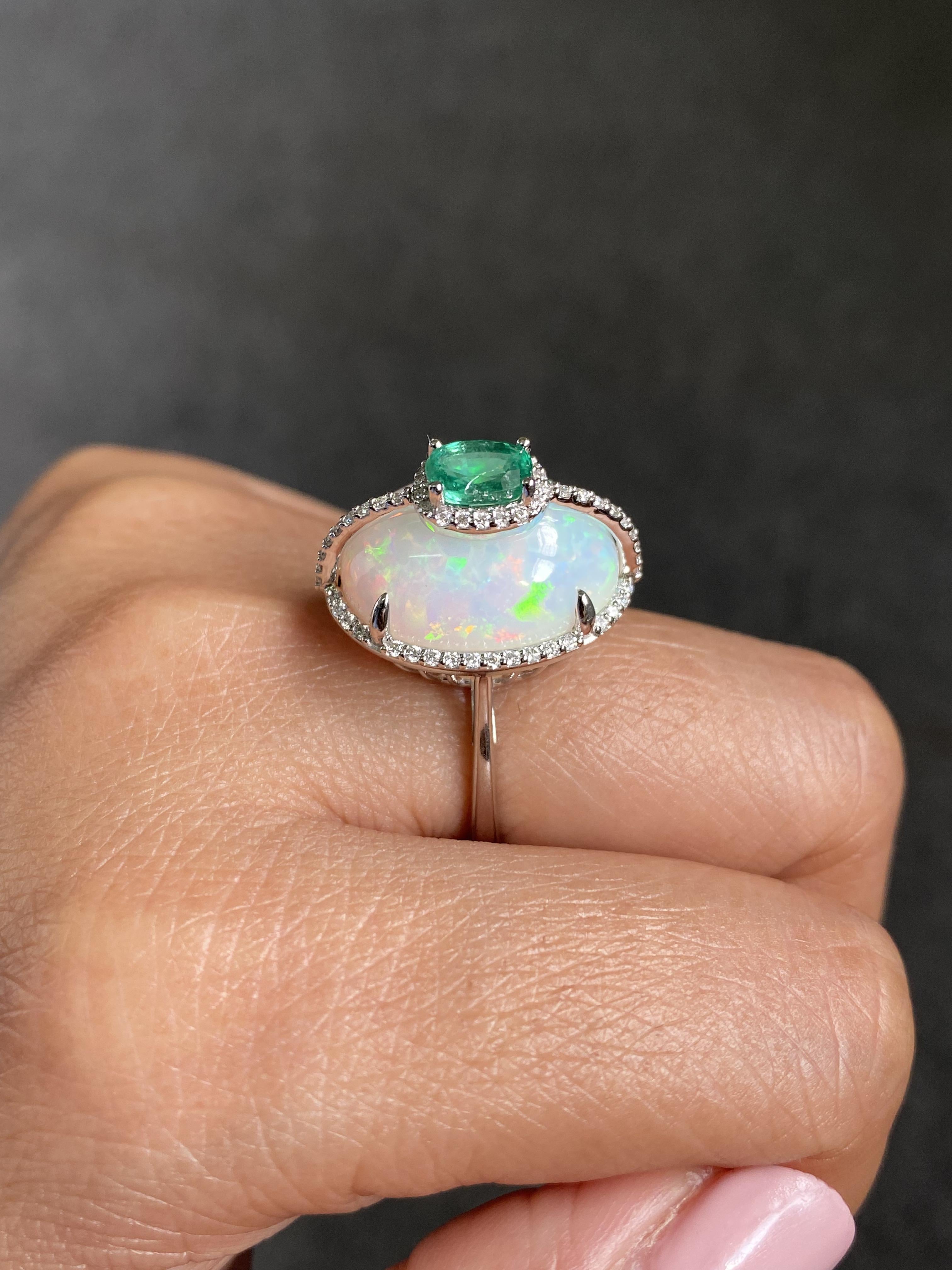 Certified Color Play Effect Oval Opal 18KT White Gold, Diamond And Emerald Ring For Sale 7