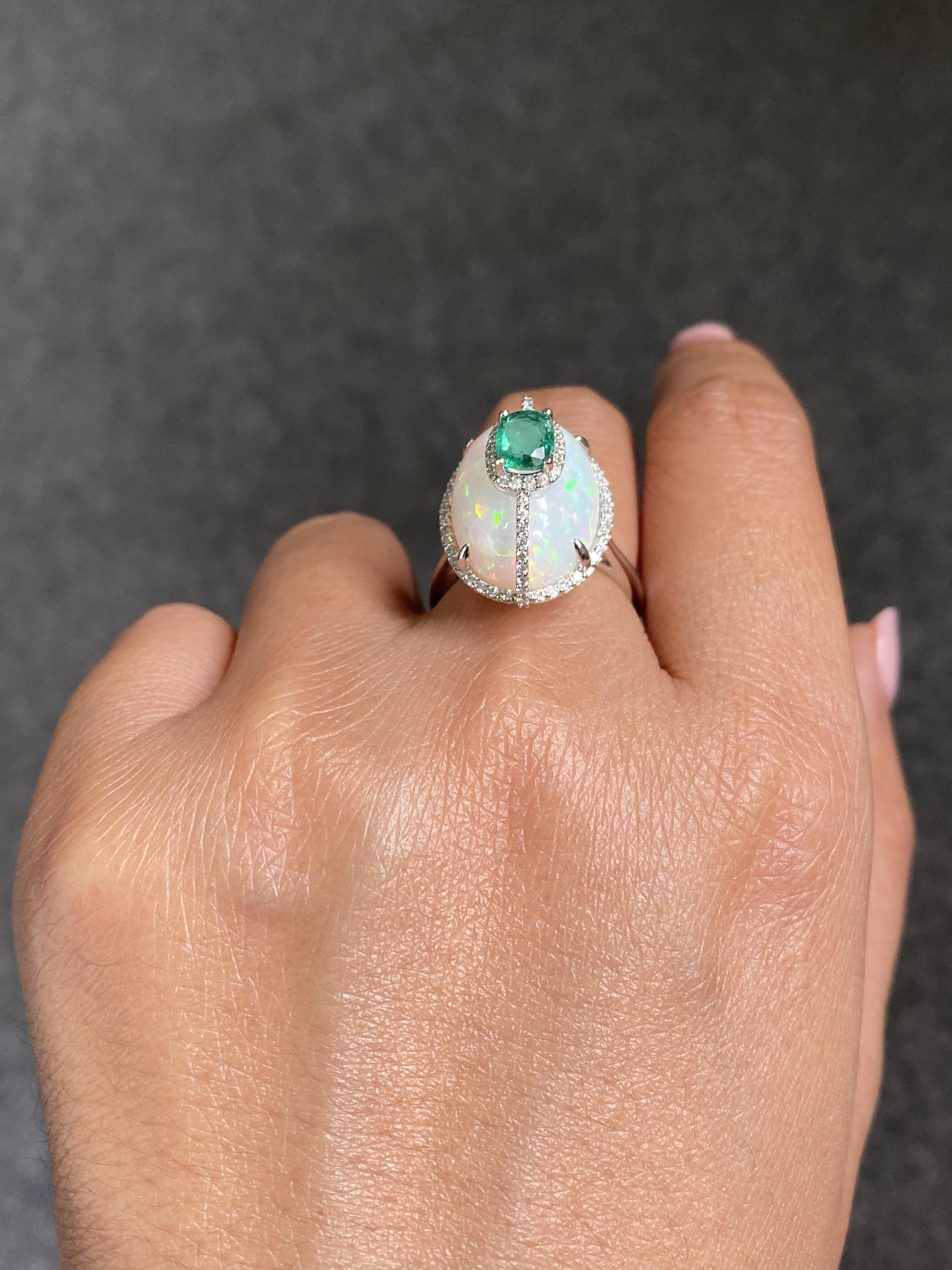 Certified Color Play Effect Oval Opal 18KT White Gold, Diamond And Emerald Ring For Sale 8
