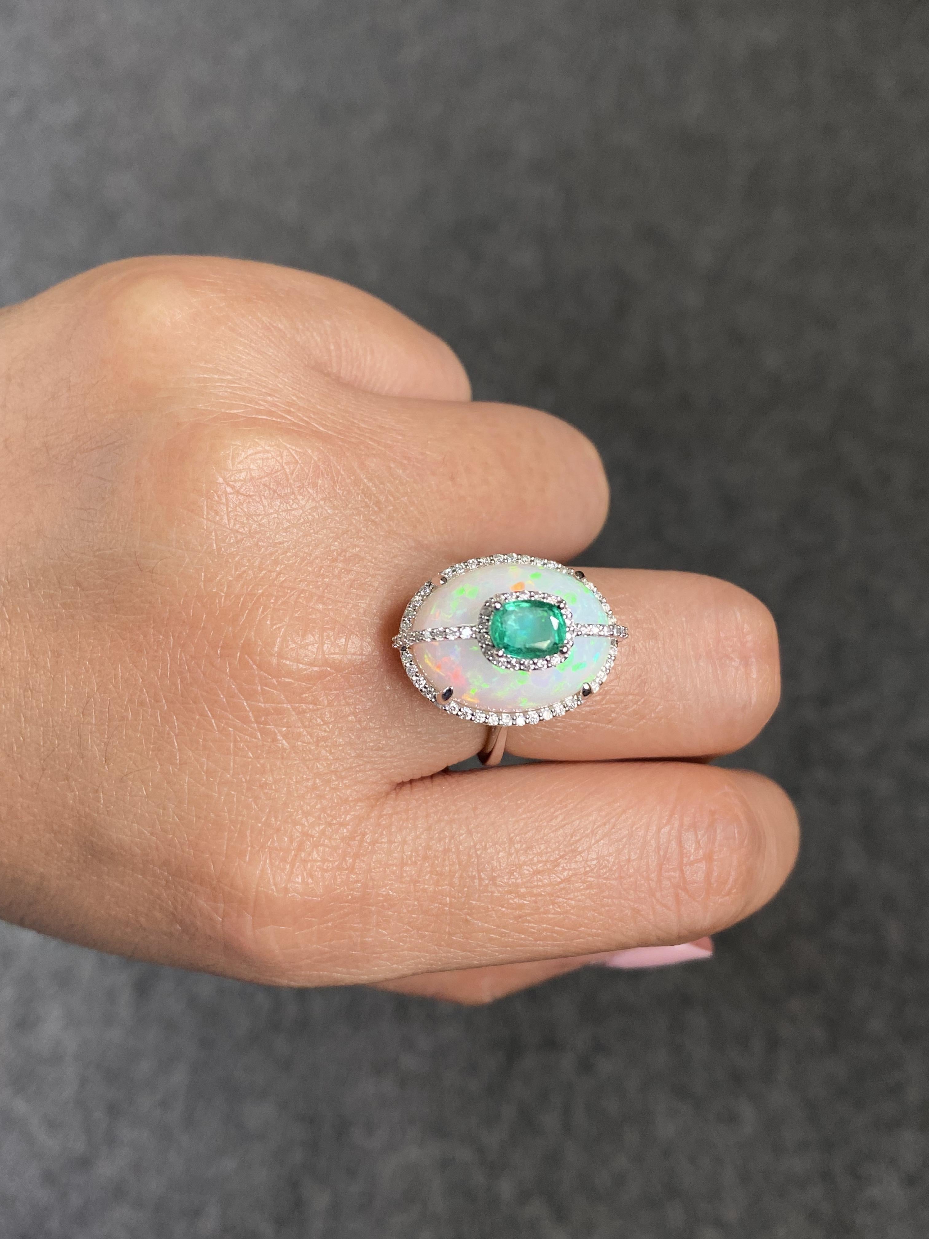 Certified Color Play Effect Oval Opal 18KT White Gold, Diamond And Emerald Ring For Sale 9