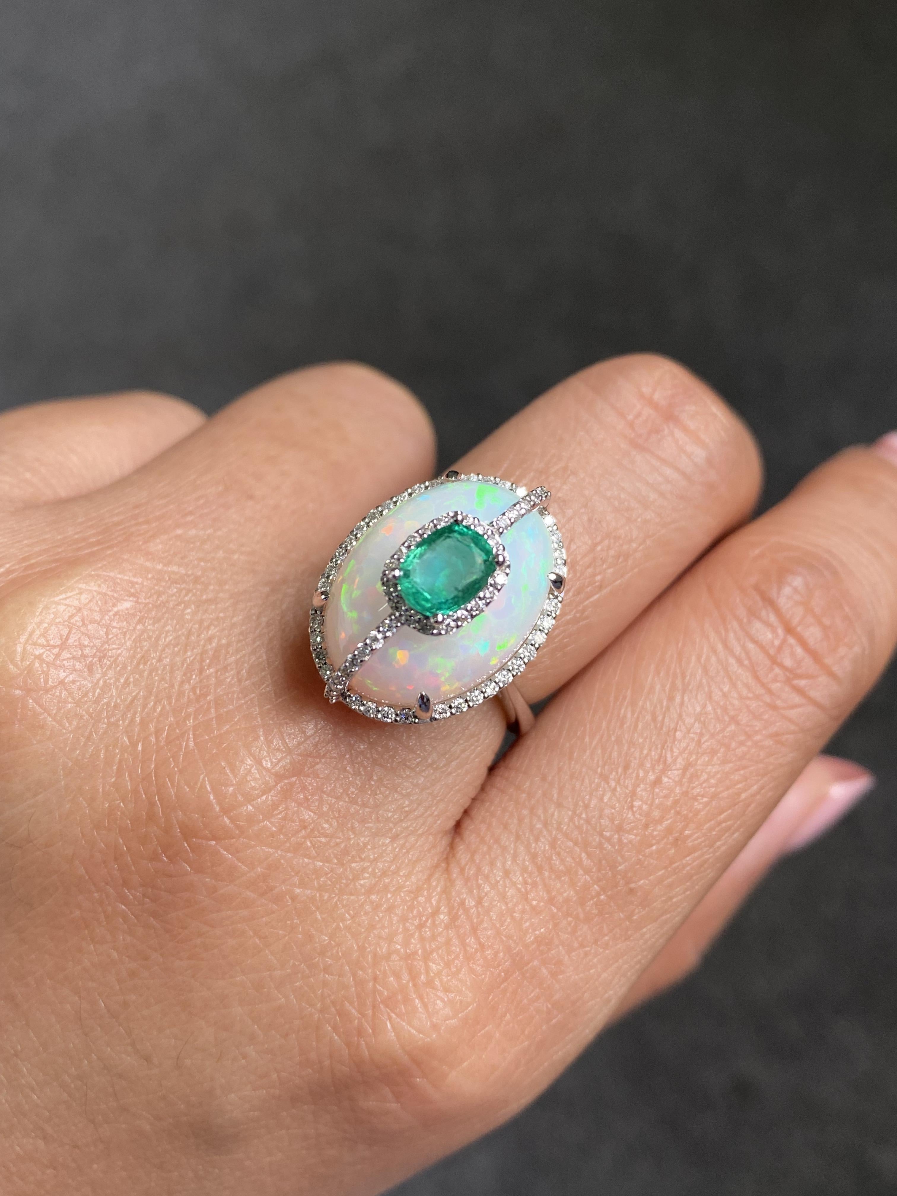 Certified Color Play Effect Oval Opal 18KT White Gold, Diamond And Emerald Ring For Sale 10