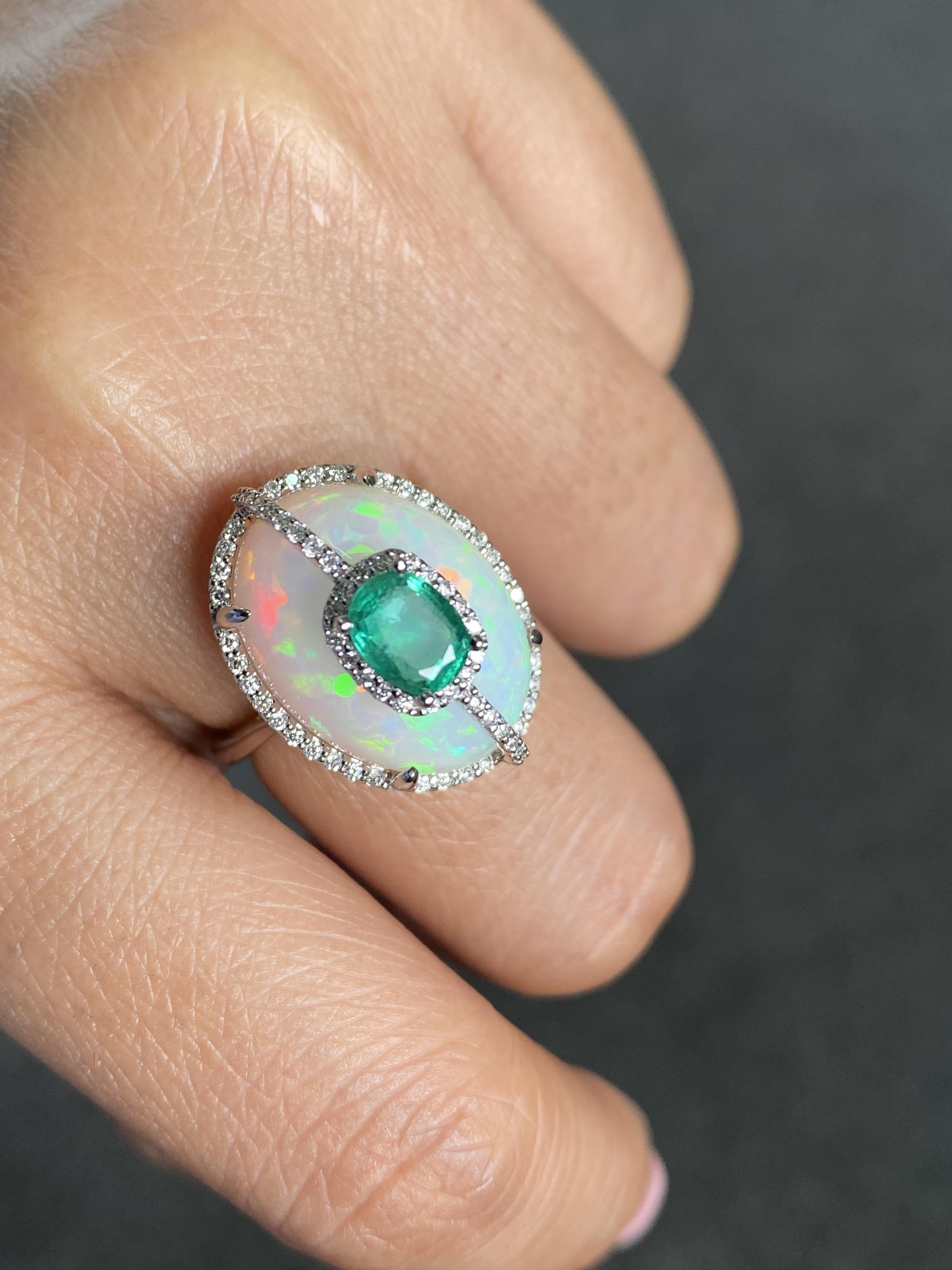 Certified Color Play Effect Oval Opal 18KT White Gold, Diamond And Emerald Ring For Sale 11