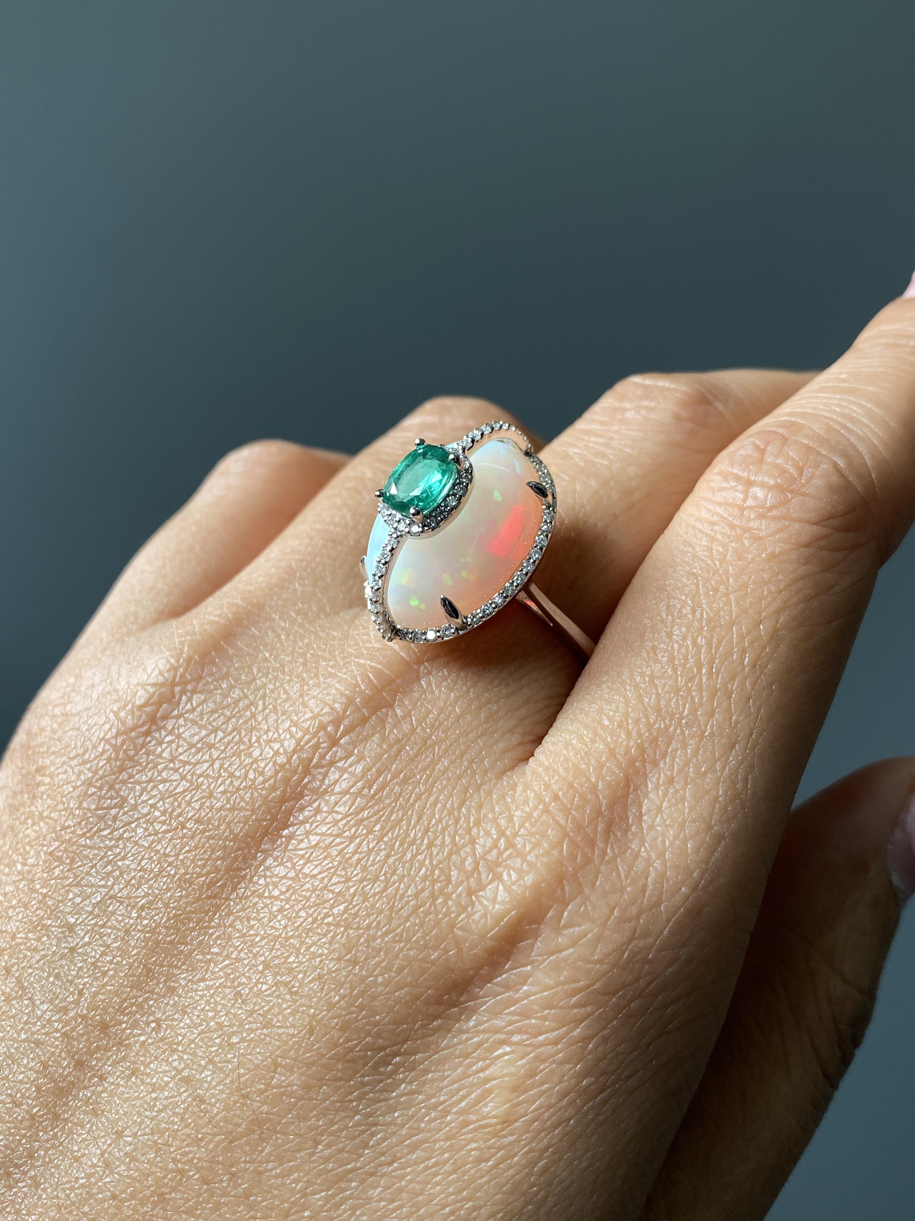 Certified Color Play Effect Oval Opal 18KT White Gold, Diamond And Emerald Ring For Sale 12