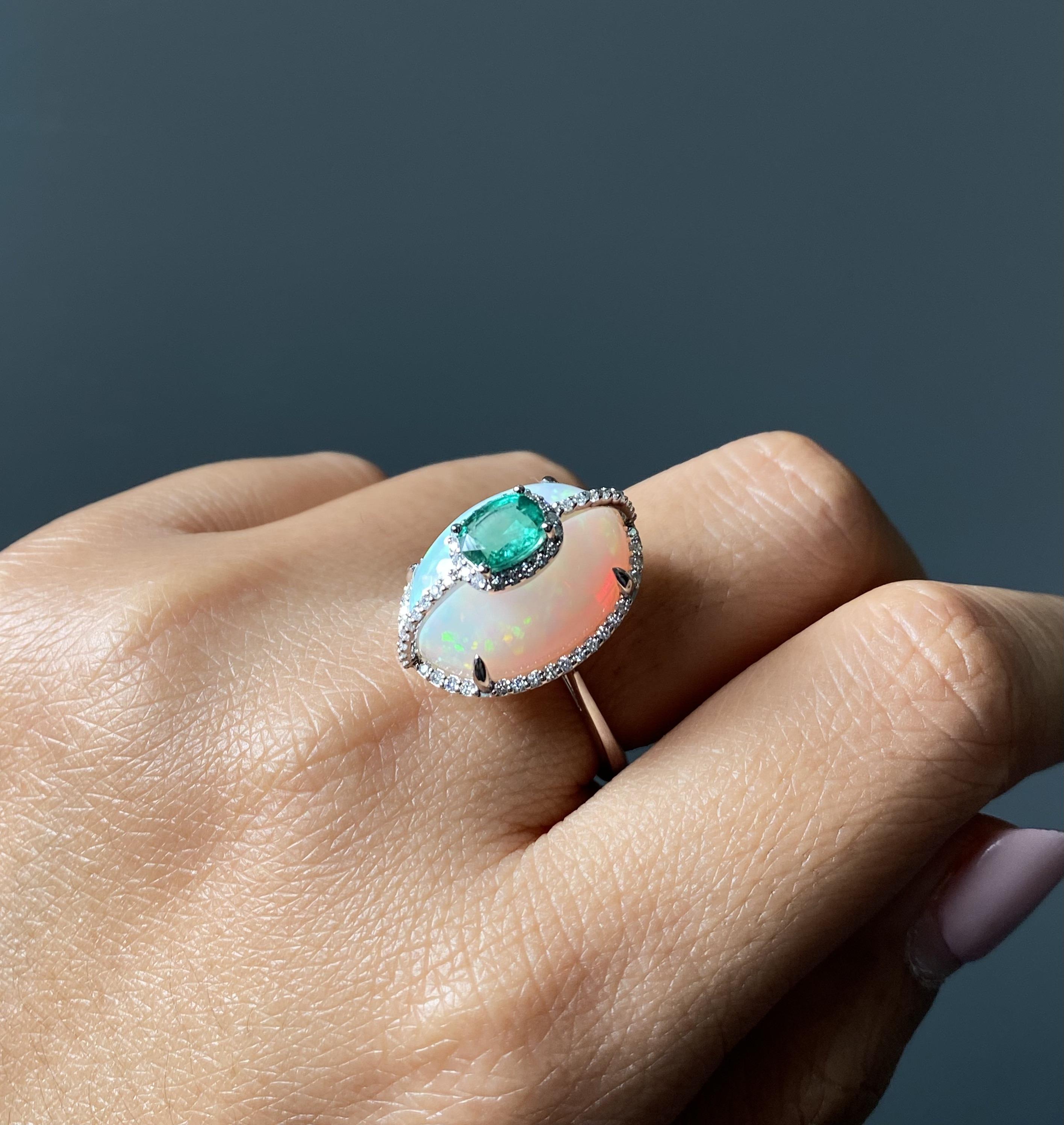 Certified Color Play Effect Oval Opal 18KT White Gold, Diamond And Emerald Ring For Sale 13