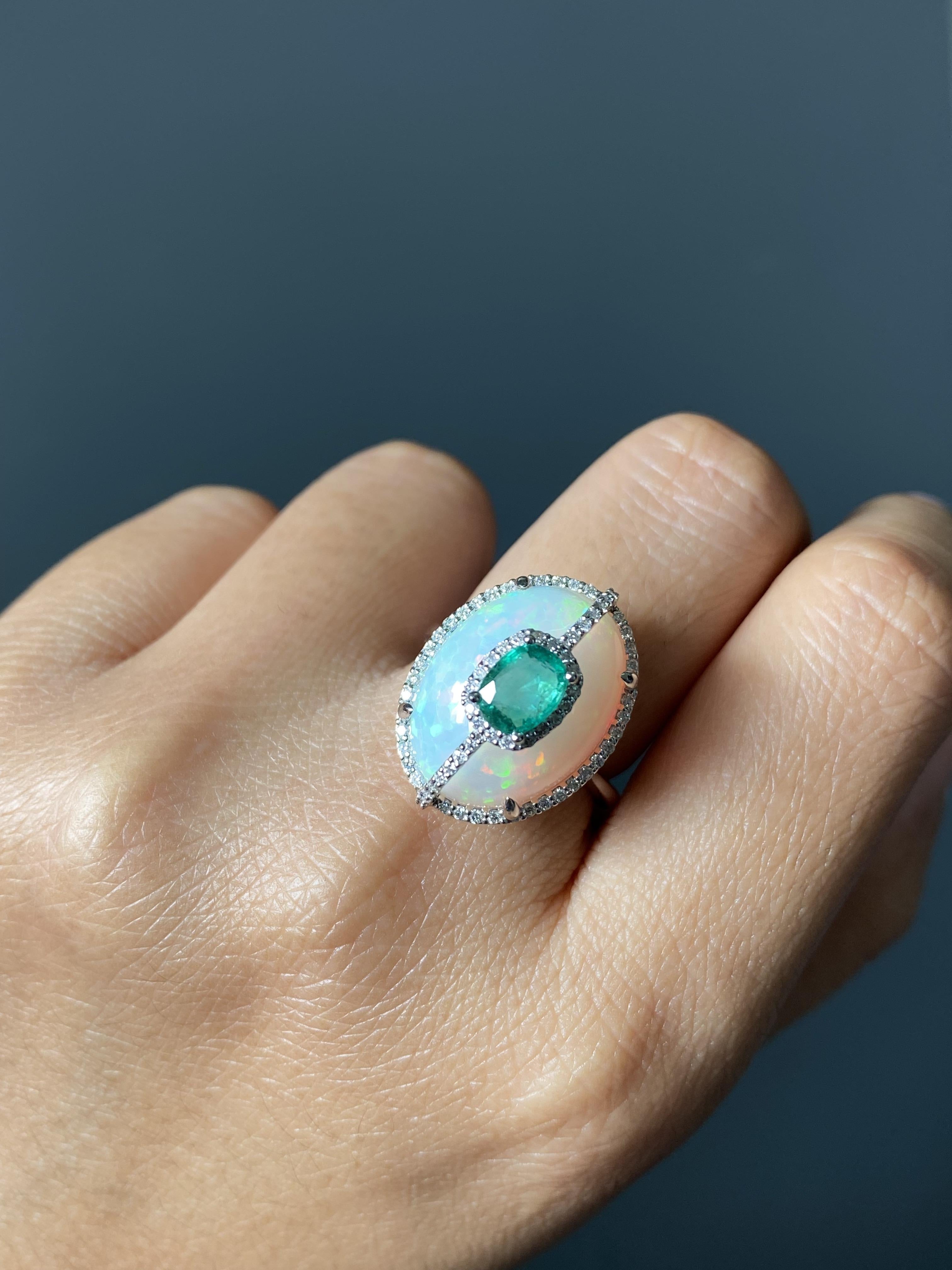 Certified Color Play Effect Oval Opal 18KT White Gold, Diamond And Emerald Ring For Sale 14